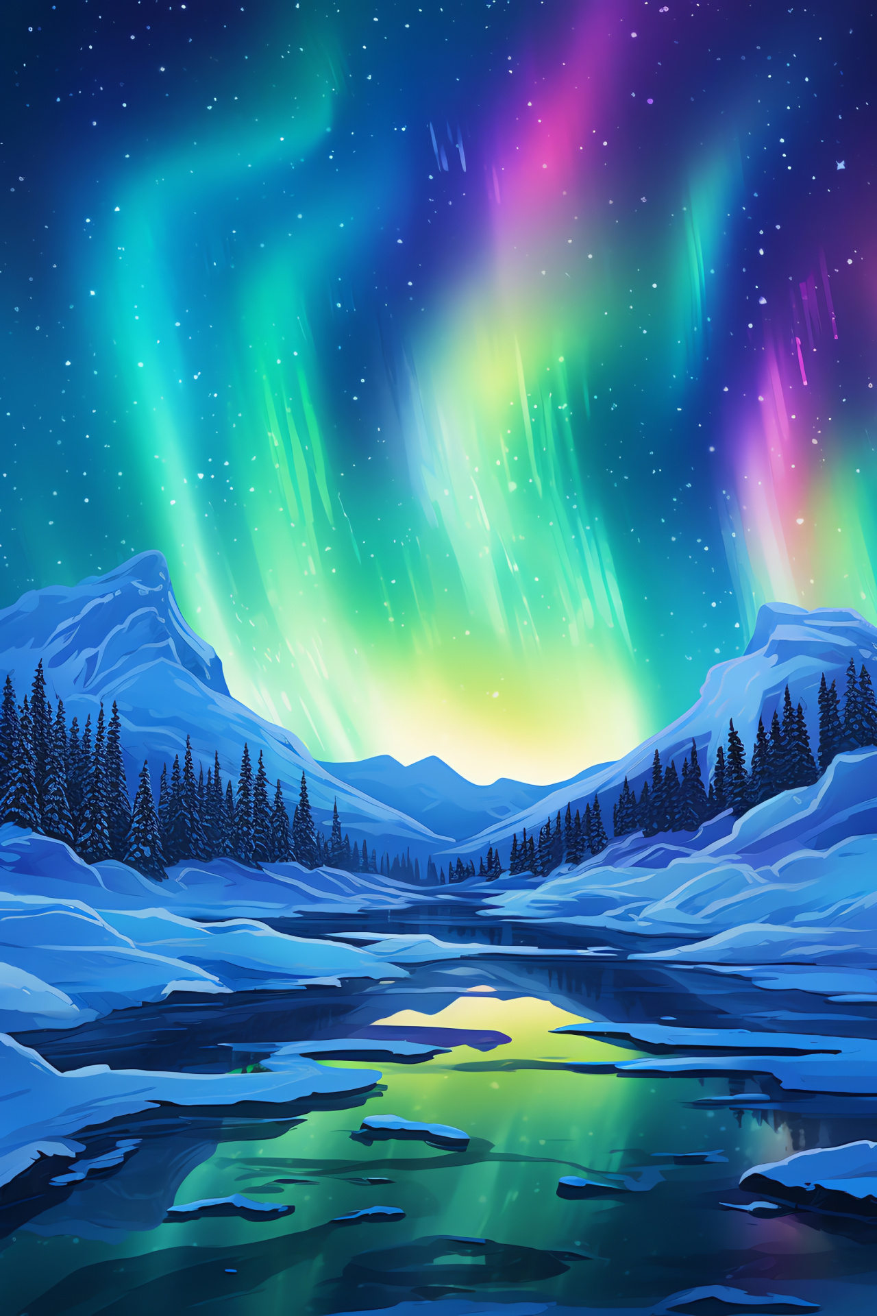 Emperor penguin family, Antarctic home, frigid tundra, polar aurora lights, icescape panorama, HD Phone Image