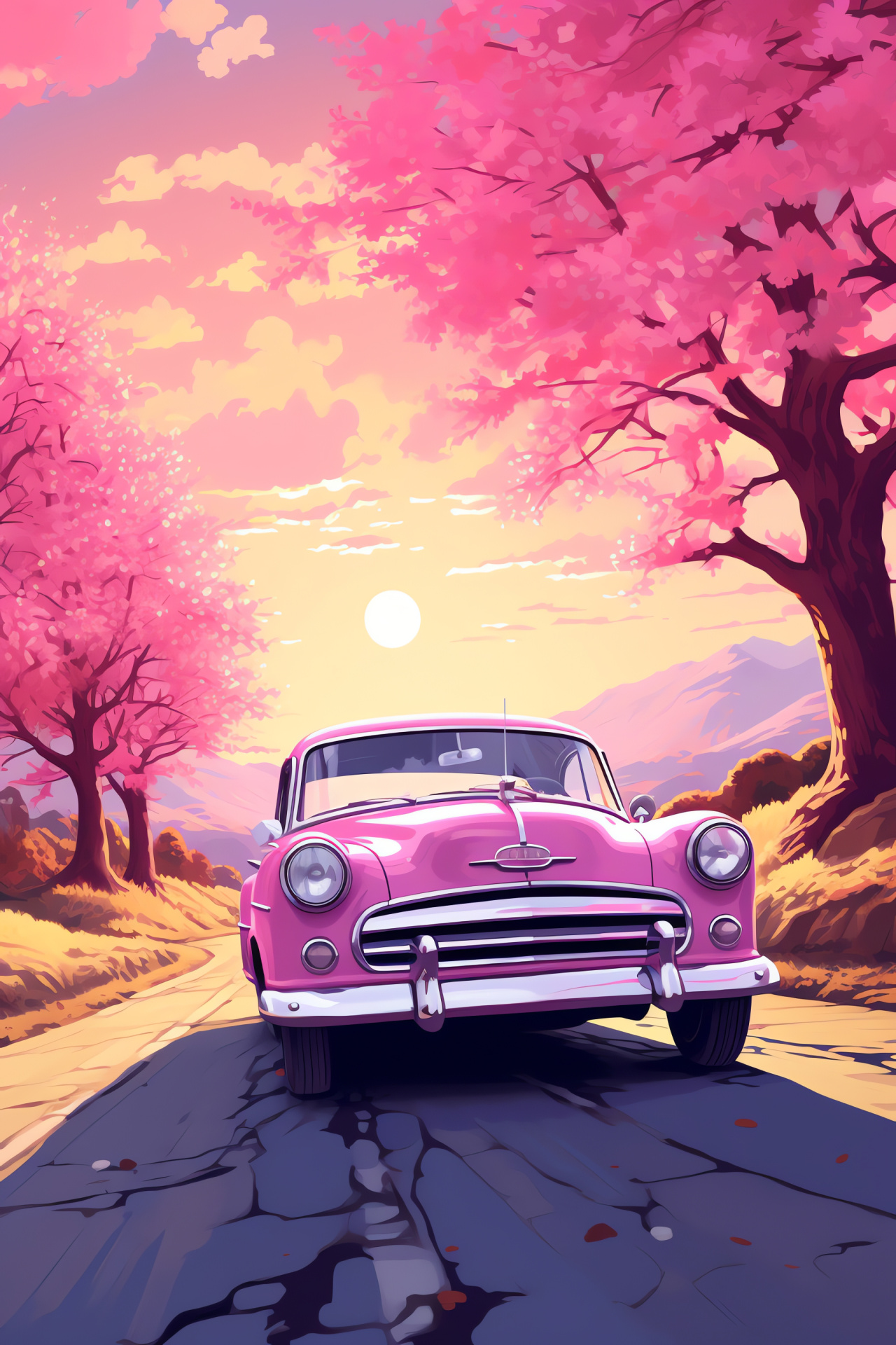 Auto theme Pink Cars, Cherry blossoms lined roadway, Old-fashioned automobiles, Scenic route, Evening sky, HD Phone Wallpaper