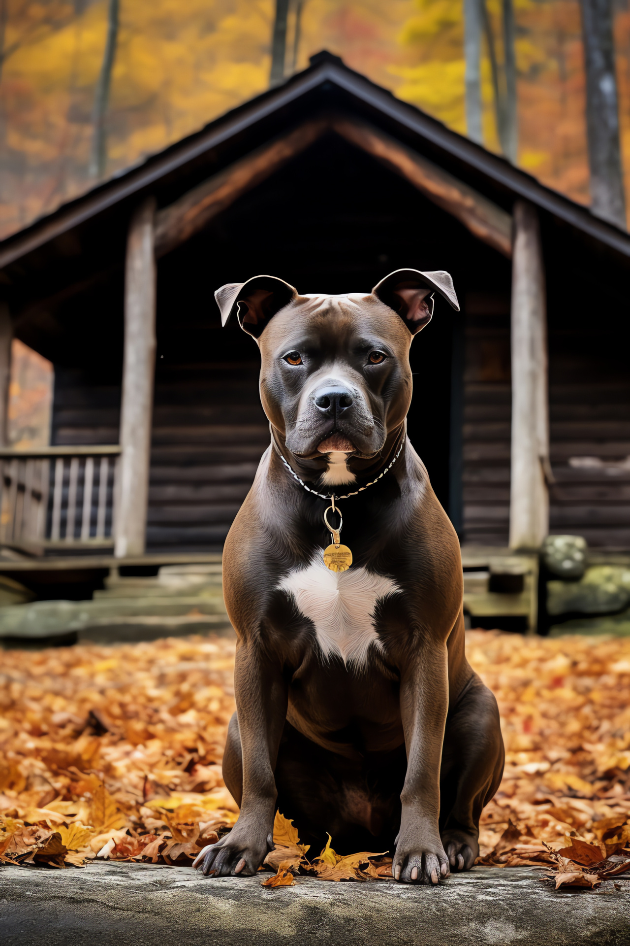 Guardian Pitbull Terrier, Dark brown coat, Protective gaze, Rustic cabin setting, Mountainous retreat, HD Phone Image