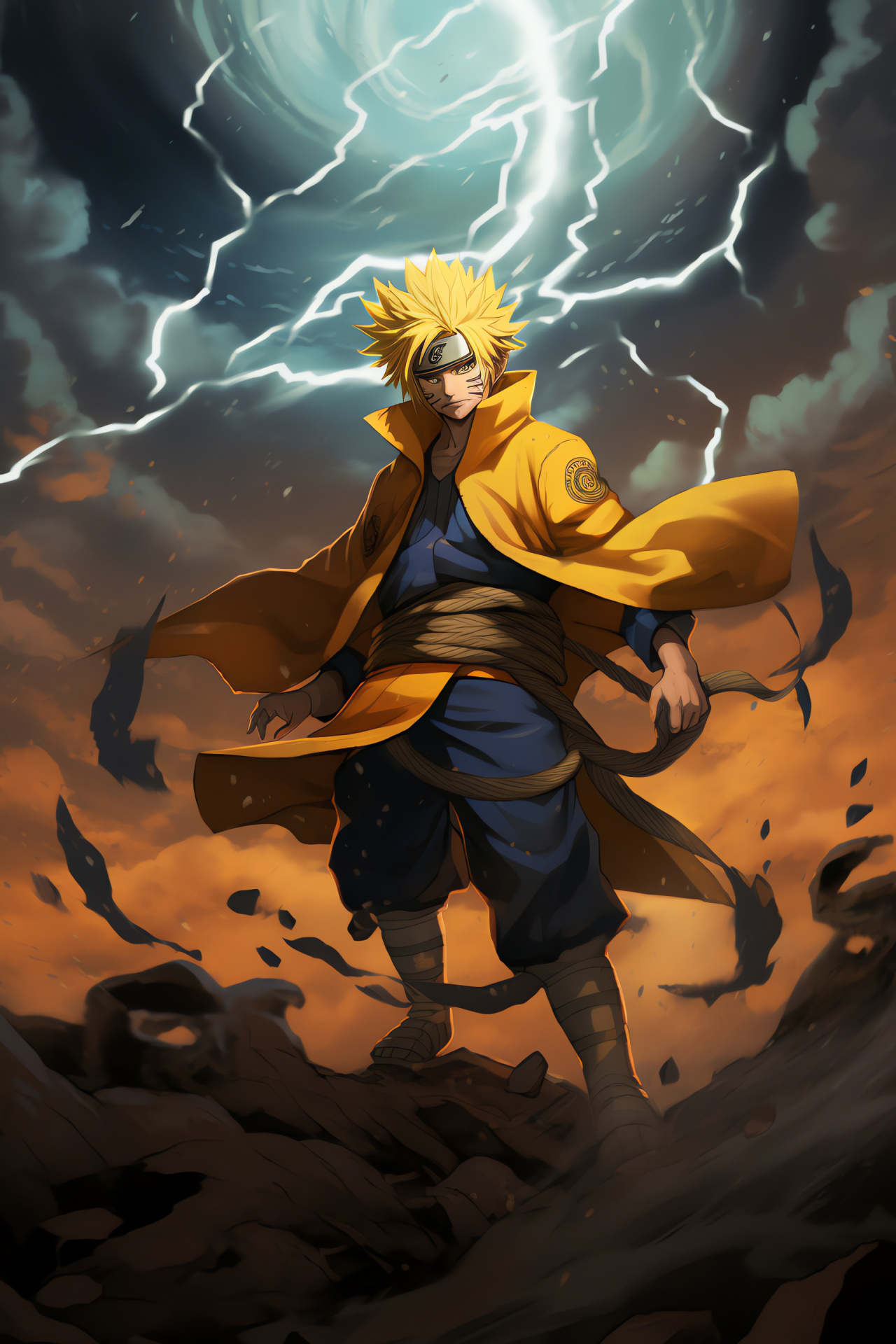 Fourth Hokage Minato, teleportation jutsu depiction, dynamic action scene, manga-based animation, electrifying effects, HD Phone Image