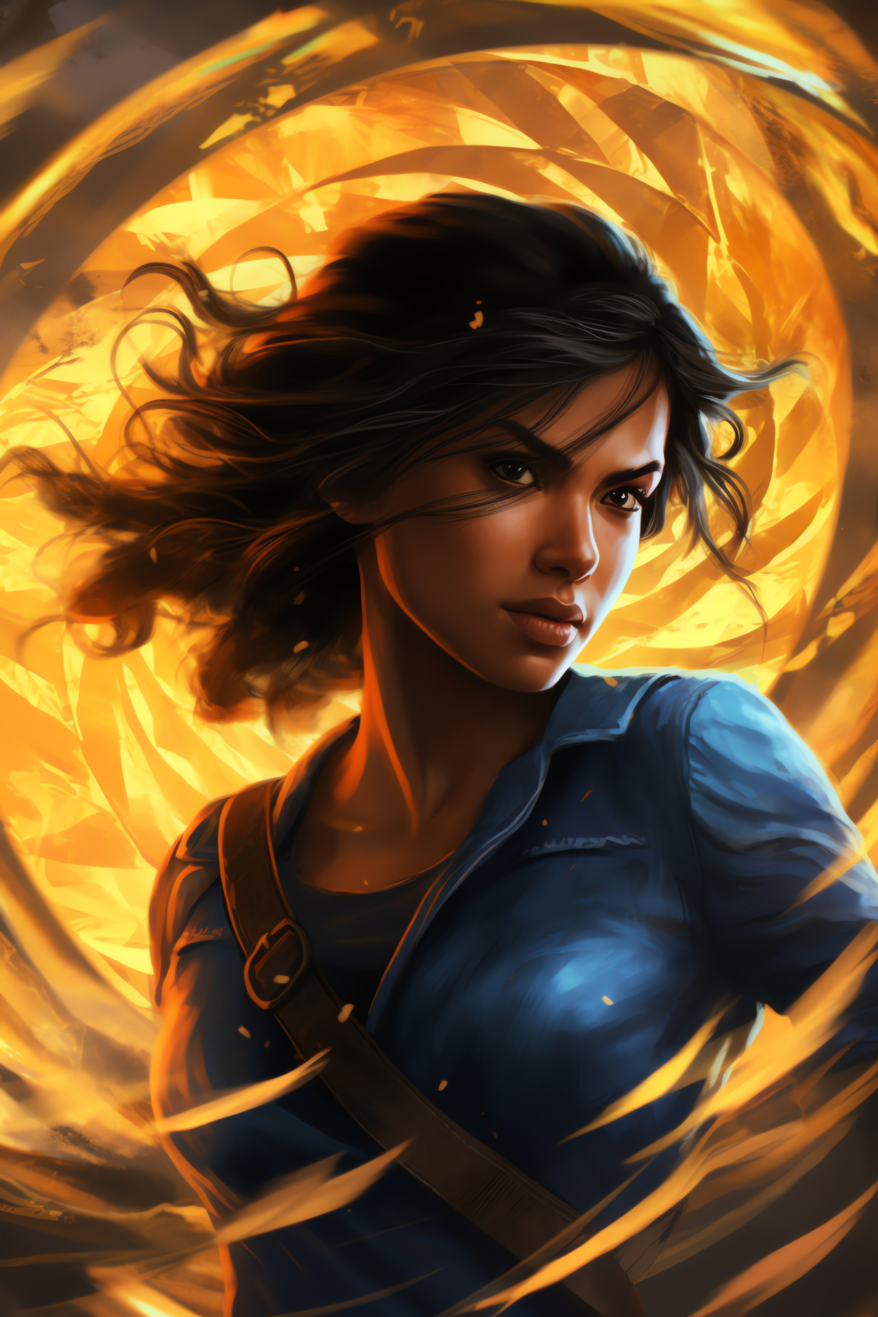 Chloe Frazer from Uncharted game, treasure hunter, azure irises, gilded relic, luminous patterns, HD Phone Image