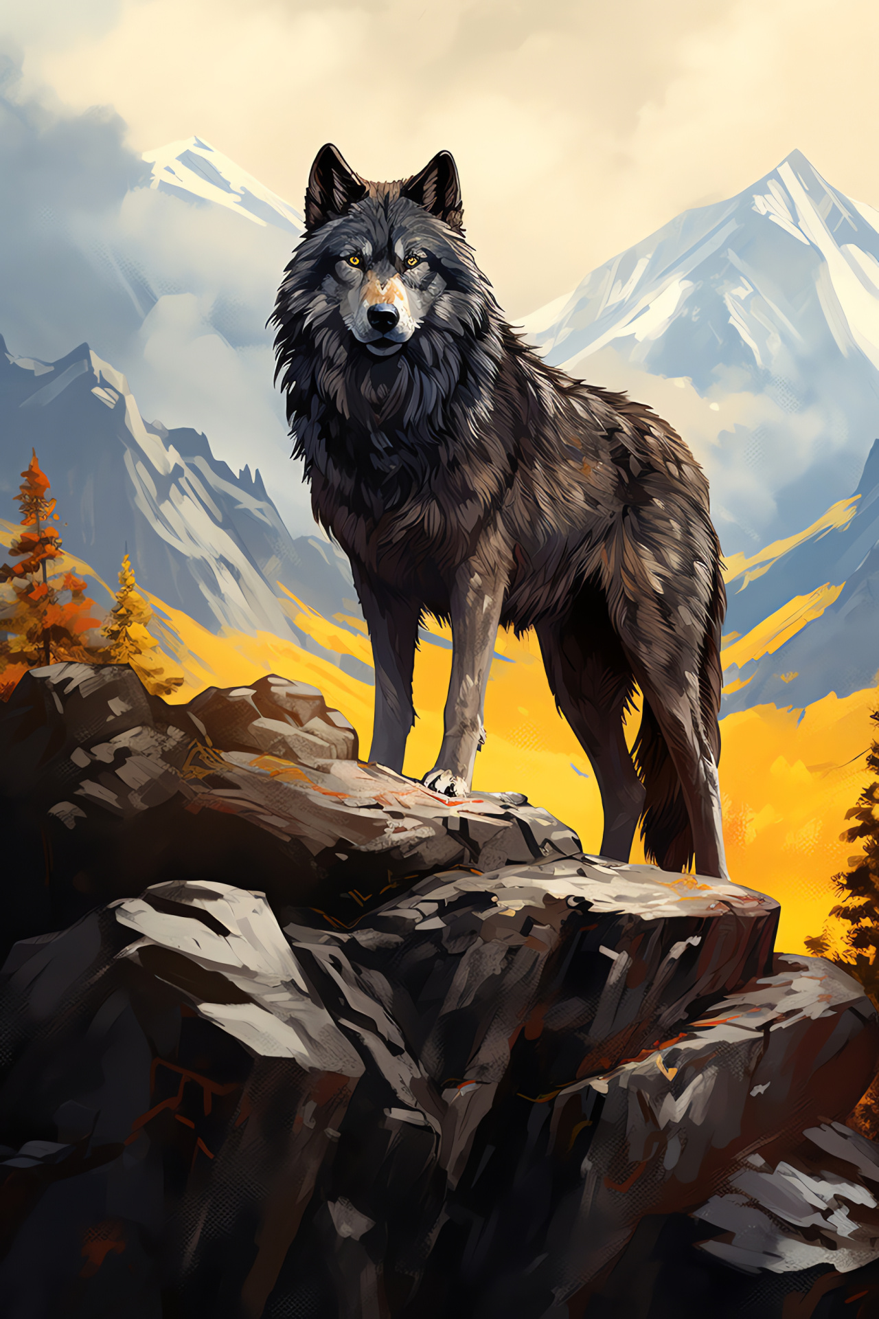 Black and grey timber wolf, Yellow-eyed wildlife, Rocky mountain wolves, Wild pack animals, Predatory presence, HD Phone Wallpaper