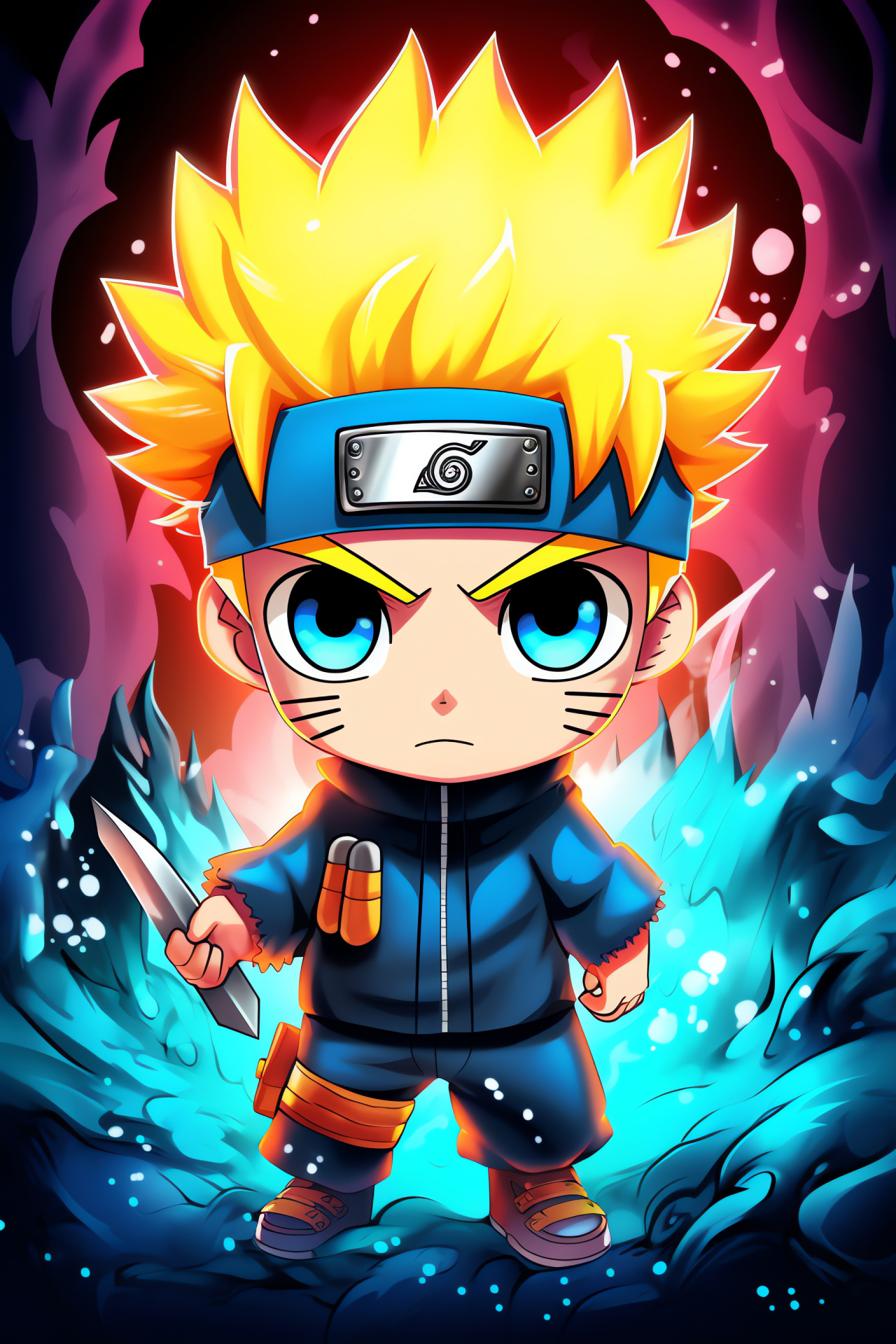 Chibi Naruto, Whimsical figure, sharp gaze, ninja accessory, sensational background, HD Phone Wallpaper