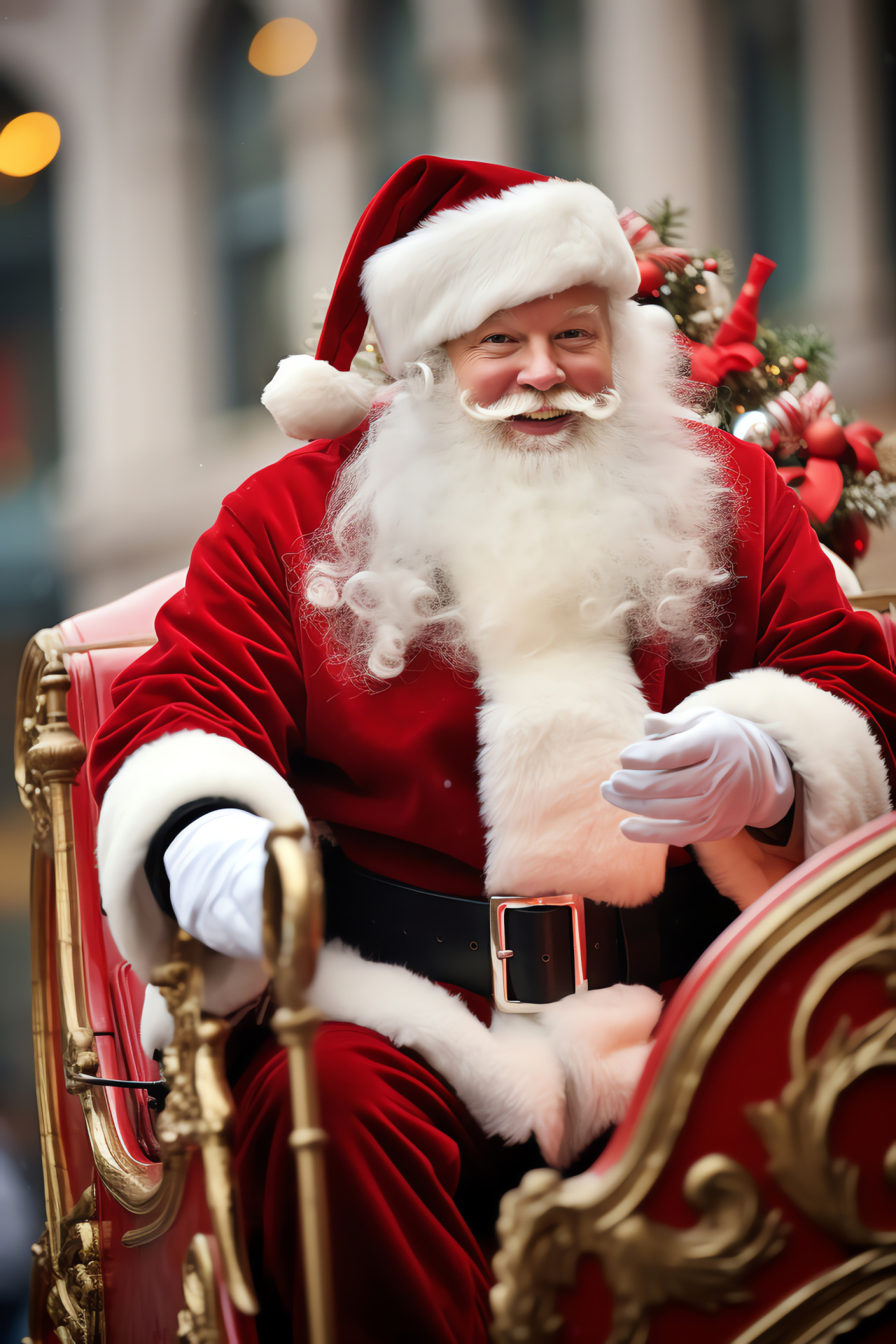 Santa Claus over city landscape, Sleigh cutting through snowflakes, Festive city street views, Ornate holiday decor, Urban Christmas, HD Phone Image