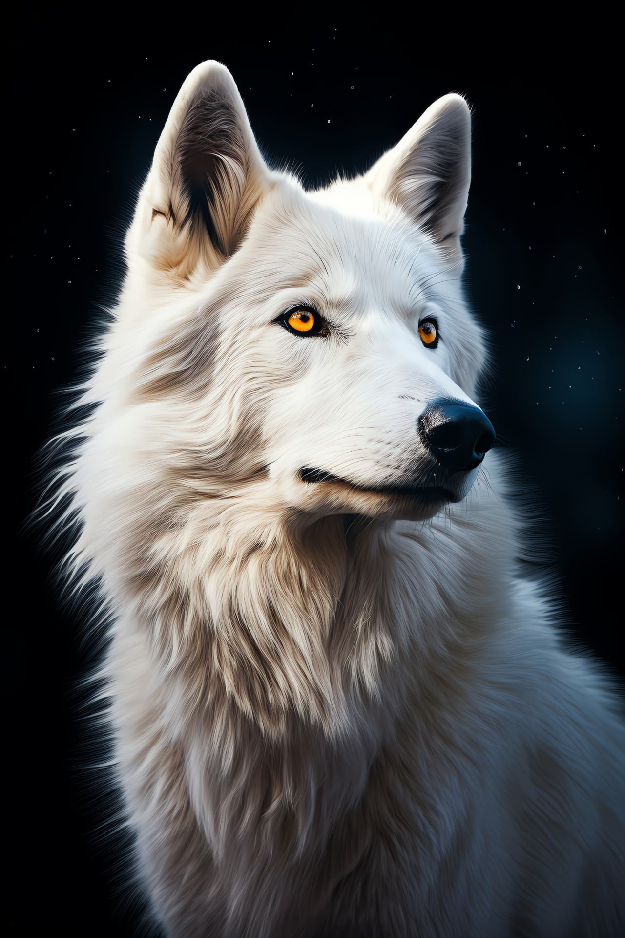 White Wolf night, Amber-eyed canine, Silver lunar illumination, Snowy coat texture, Midnight wilderness, HD Phone Image