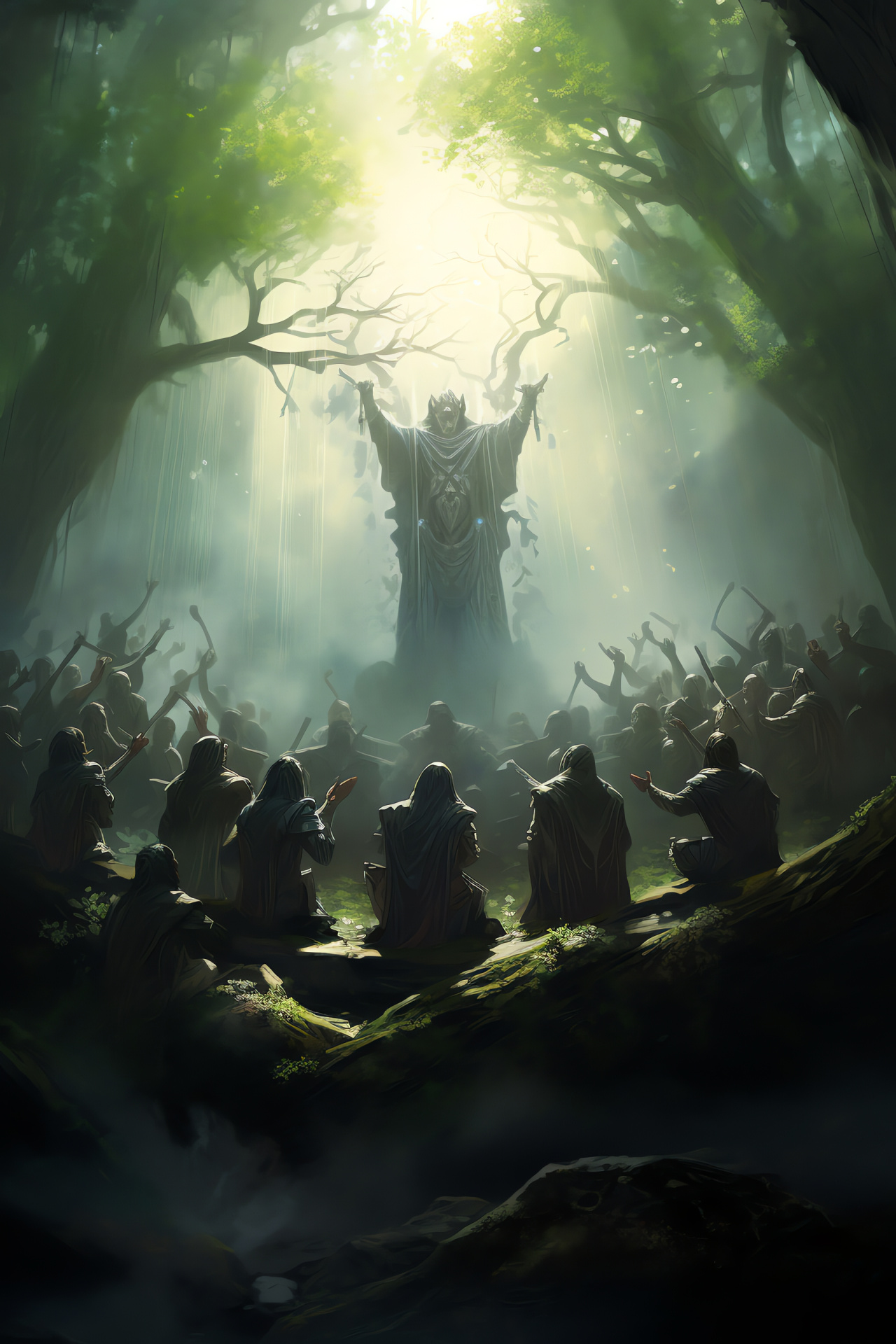 MTG artwork, Druidic figures, Ritualistic gathering, Fantasy game, Enchanted realm, HD Phone Image