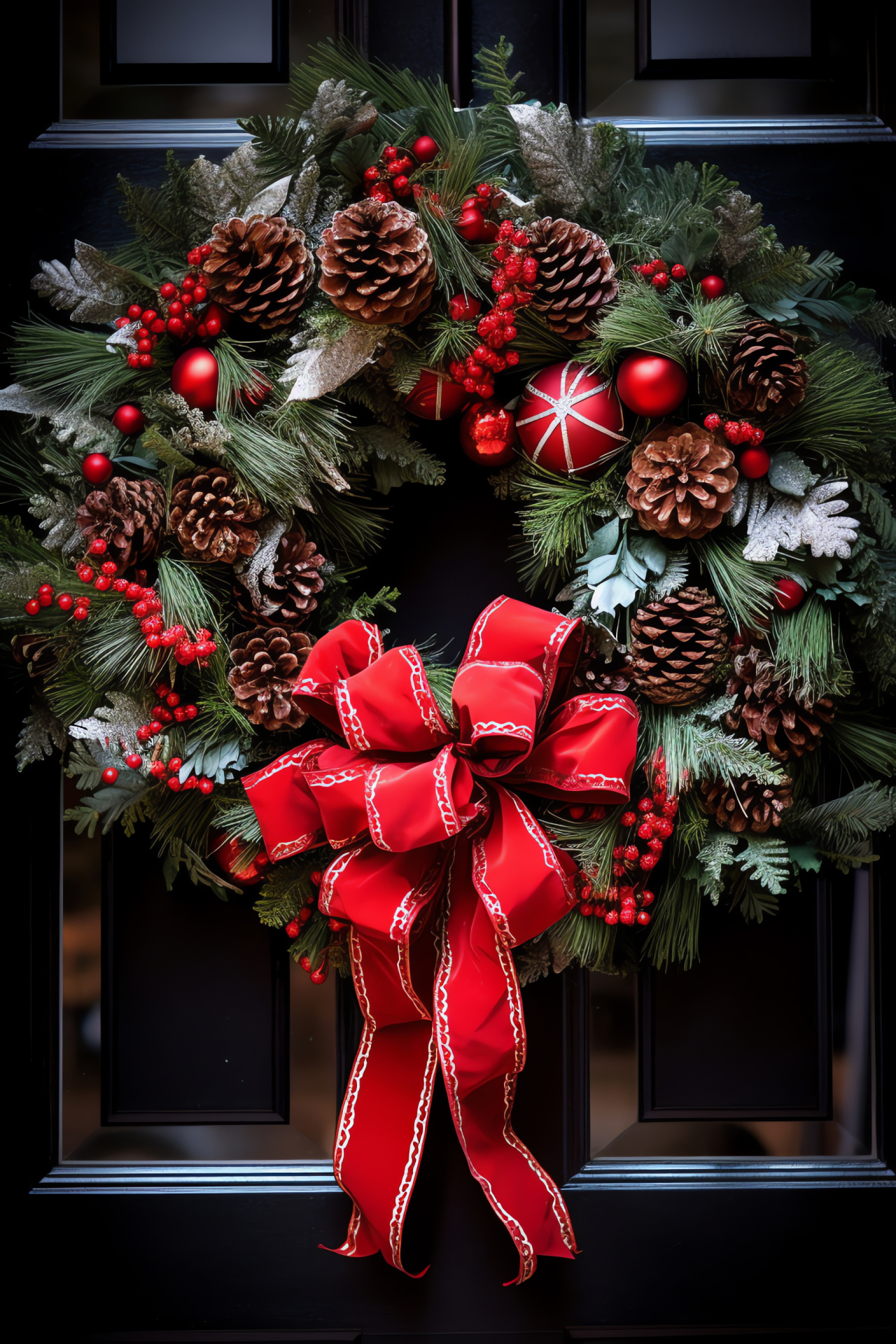 Holiday wreath decoration, Wintertime door adornment, Festive evergreens, Coniferous decoration, Velvet ribbon detail, HD Phone Image