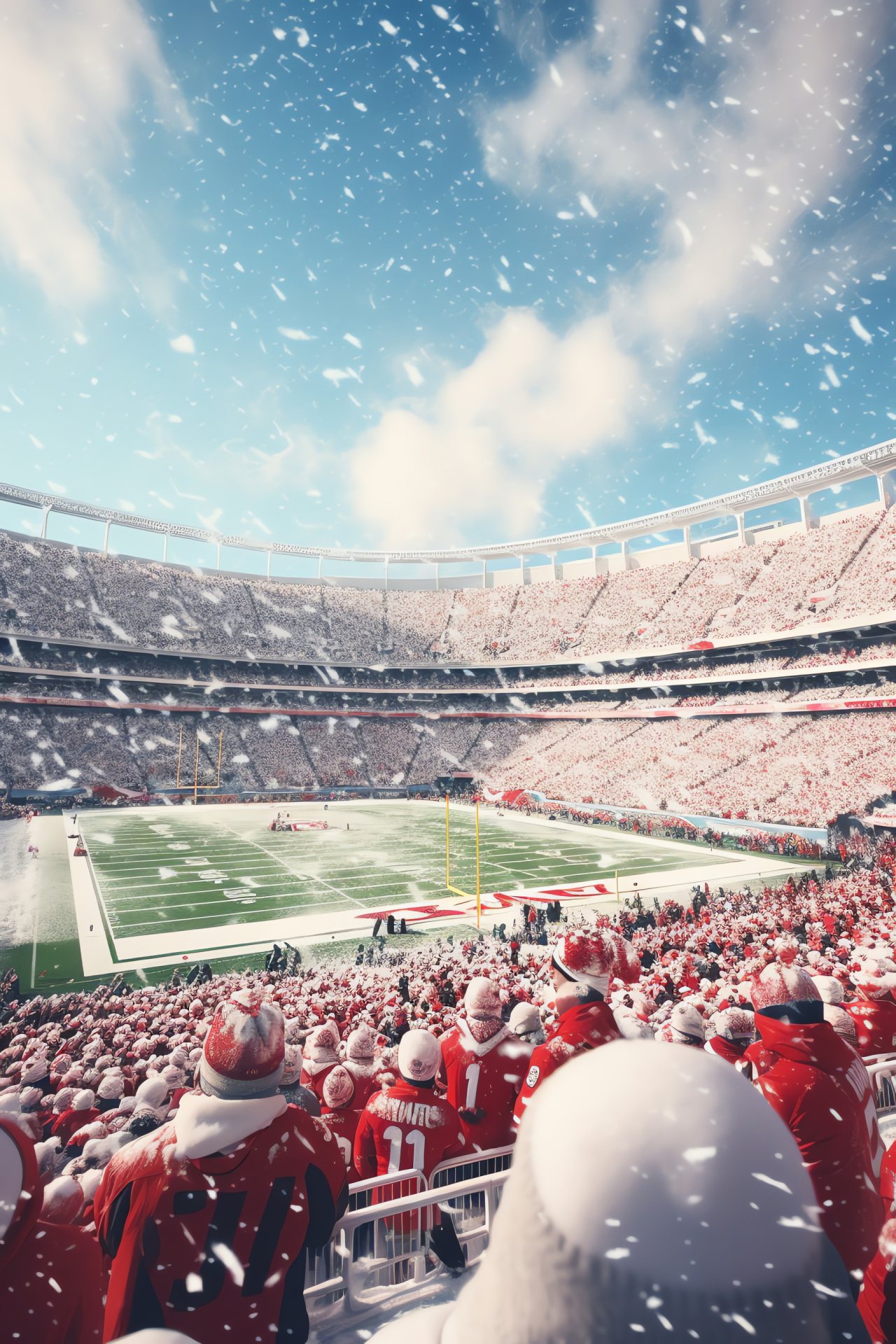 NFL Christmas game, stadium celebrations, fans in Santa gear, sportsmanship, winter game day, HD Phone Image