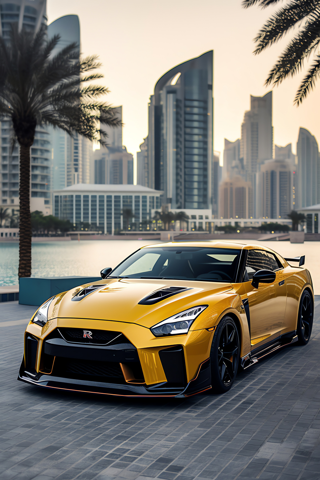 Nissan GTR R35, GT-R50 Italdesign, Dubai opulence, Palm Jumeirah grandeur, Gilded detailing, HD Phone Image