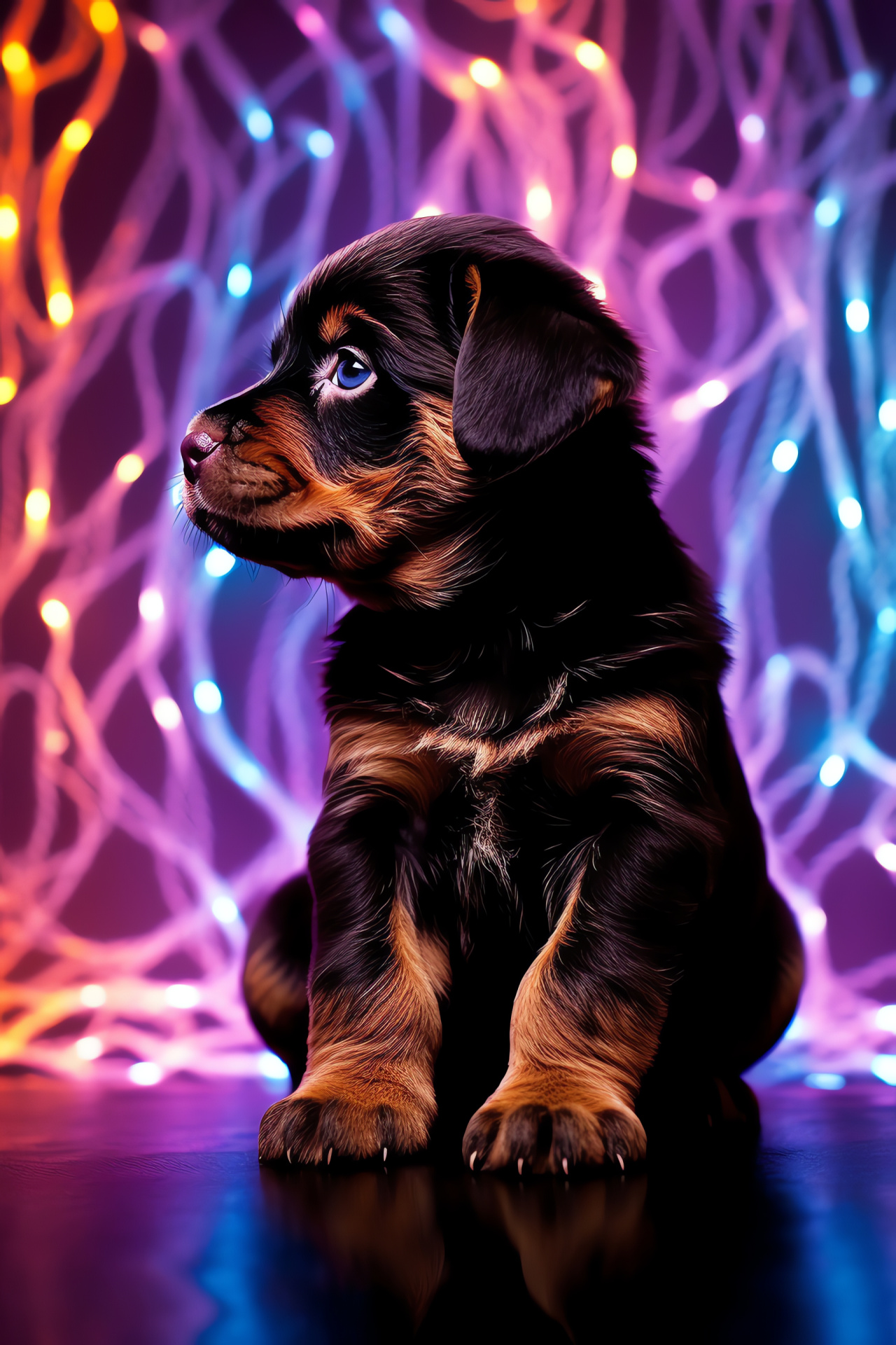 Playful Rottweiler Puppy, Young dog, Animated expression, Neon abstraction, Vivid animal scene, HD Phone Image