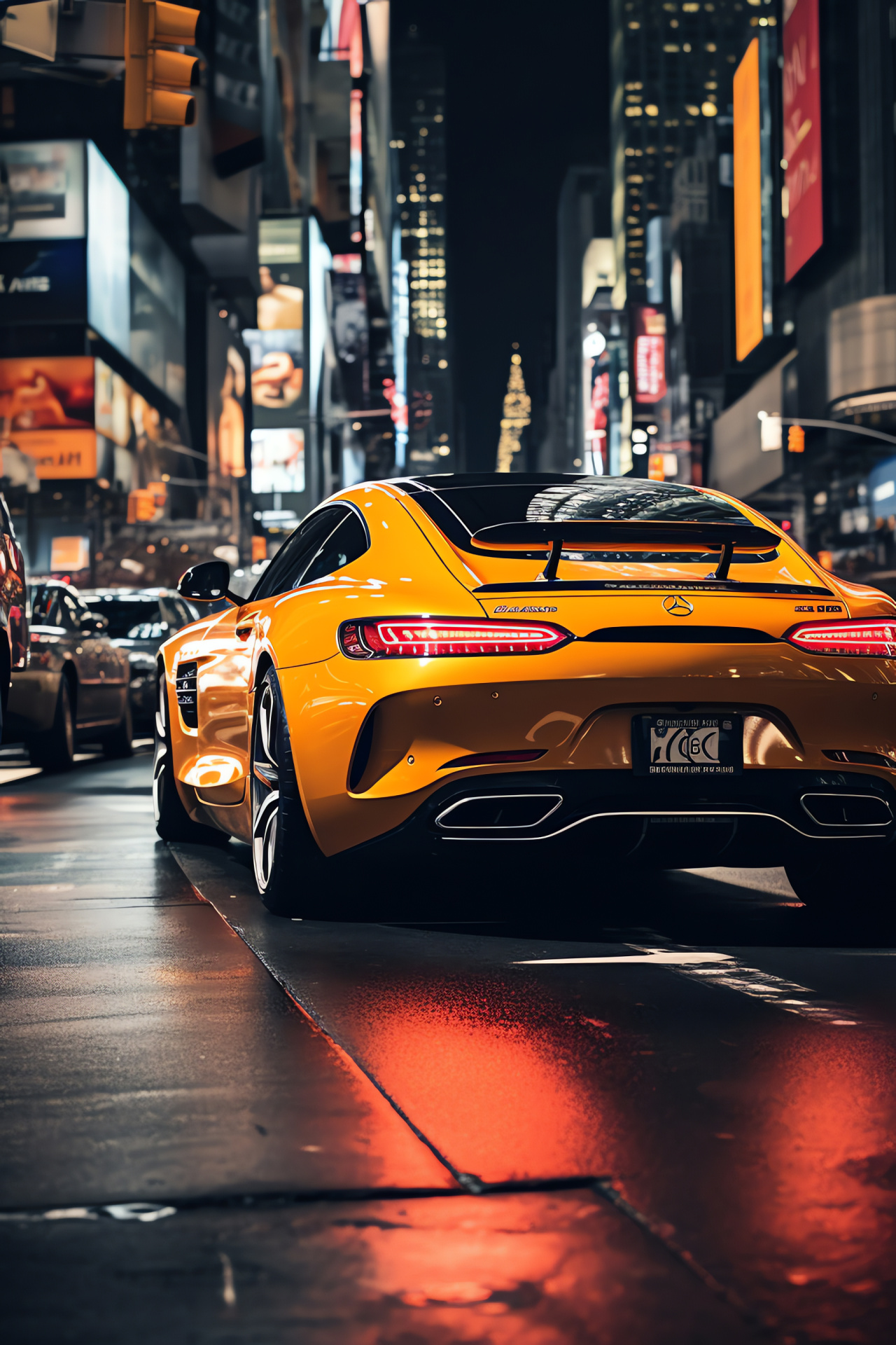 Mercedes-AMG GT S, Vibrant NYC atmosphere, Roaring engine sound, Sleek sports car body, Road presence, HD Phone Wallpaper