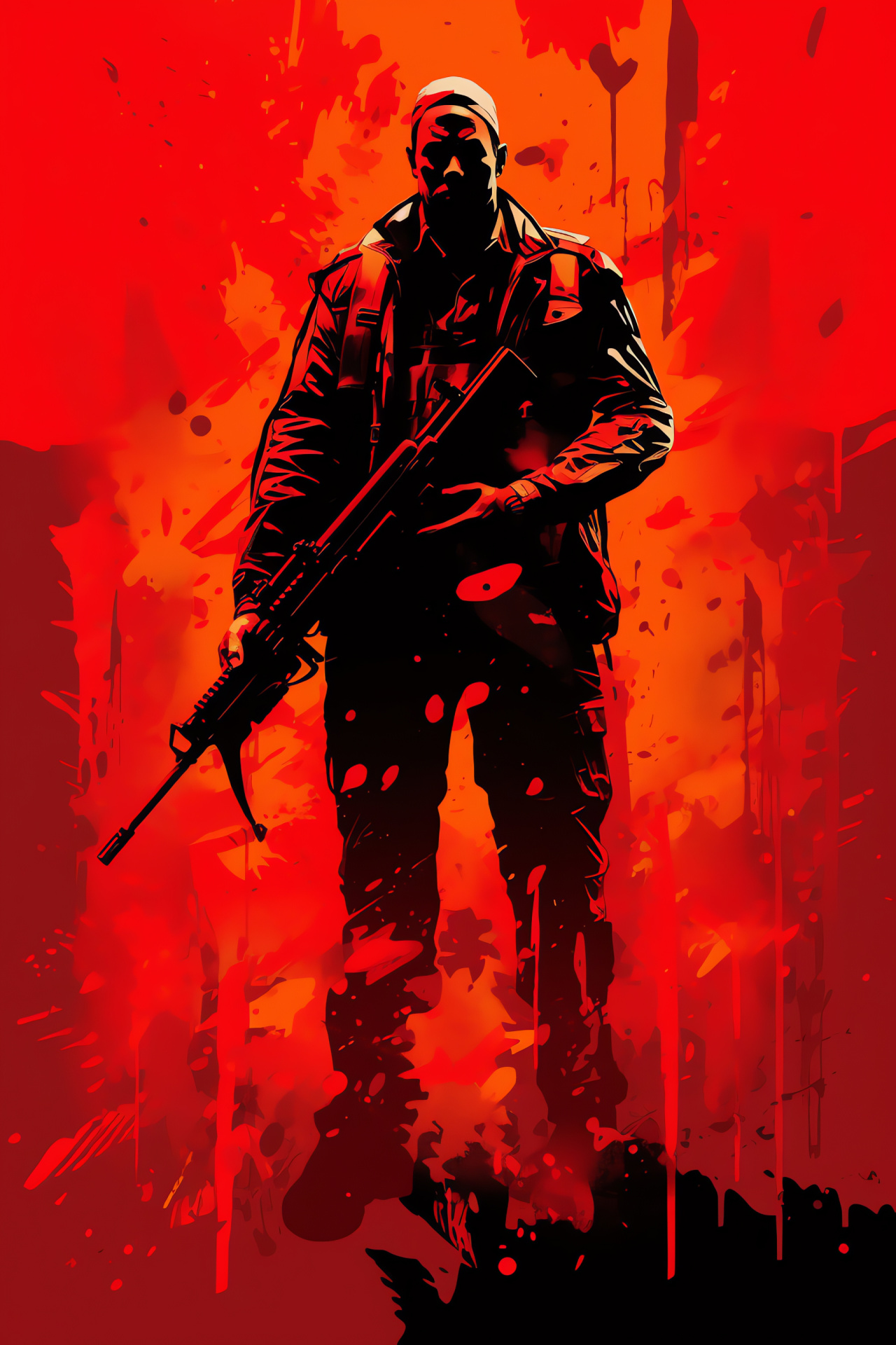 Mw2 narrative antagonist, Enduring blue glance, Battle scars, Iconic rifle, Red-toned setting, HD Phone Image