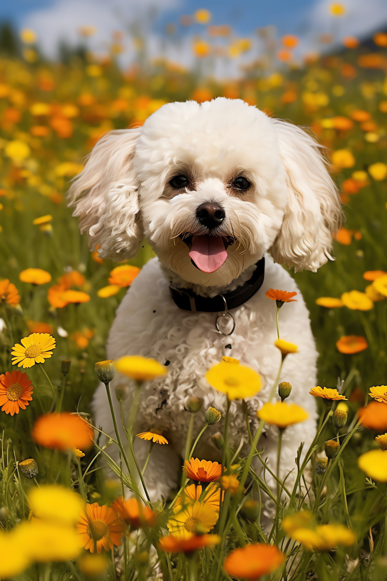 Miniature Poodle, parti-colored fur, outdoor canine, pet in wildflowers, expressive gaze, HD Phone Wallpaper