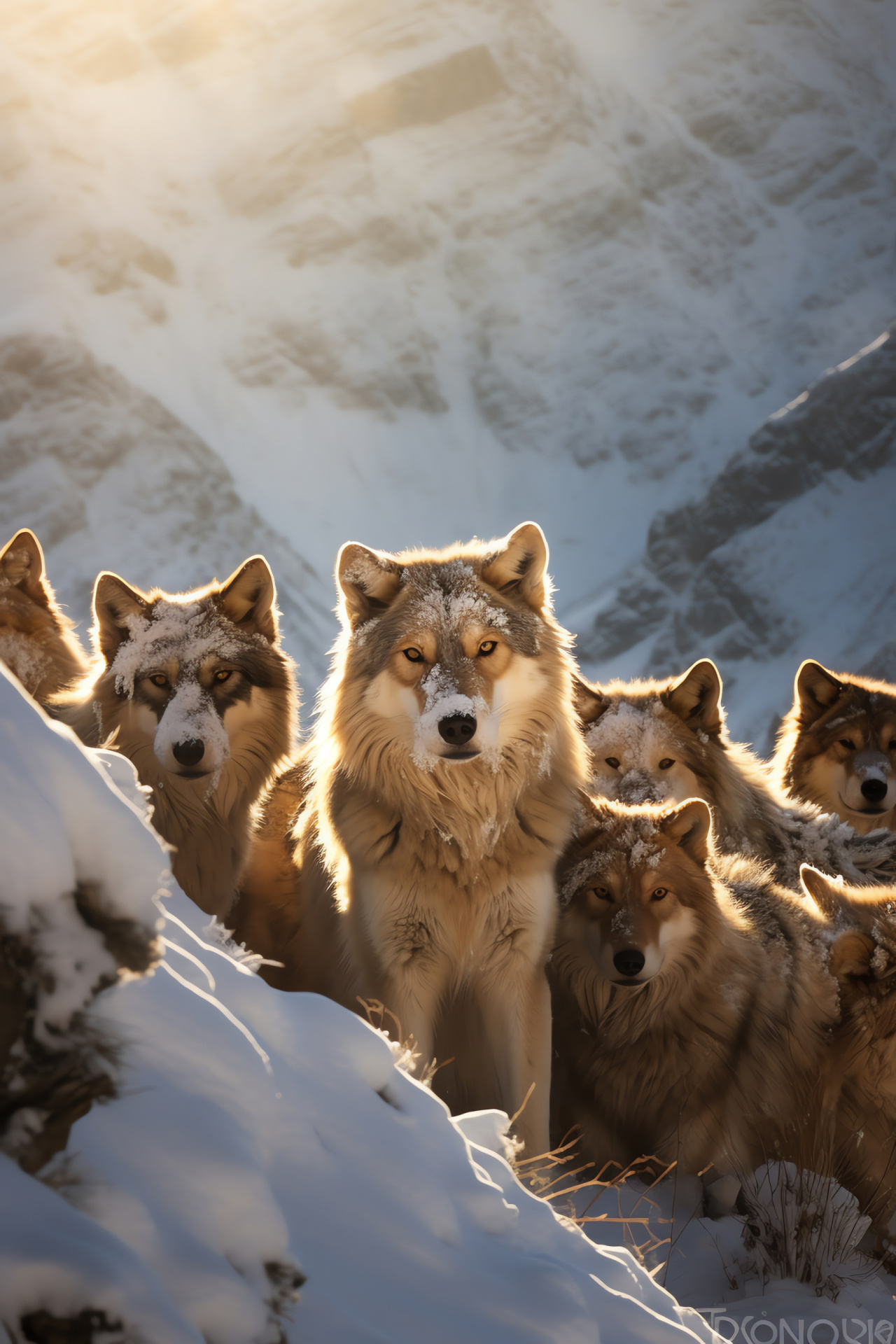Himalayan wolf pack, Luminous gaze, Buff fur texture, Alpine frosty terrain, Predator adaptation, HD Phone Wallpaper