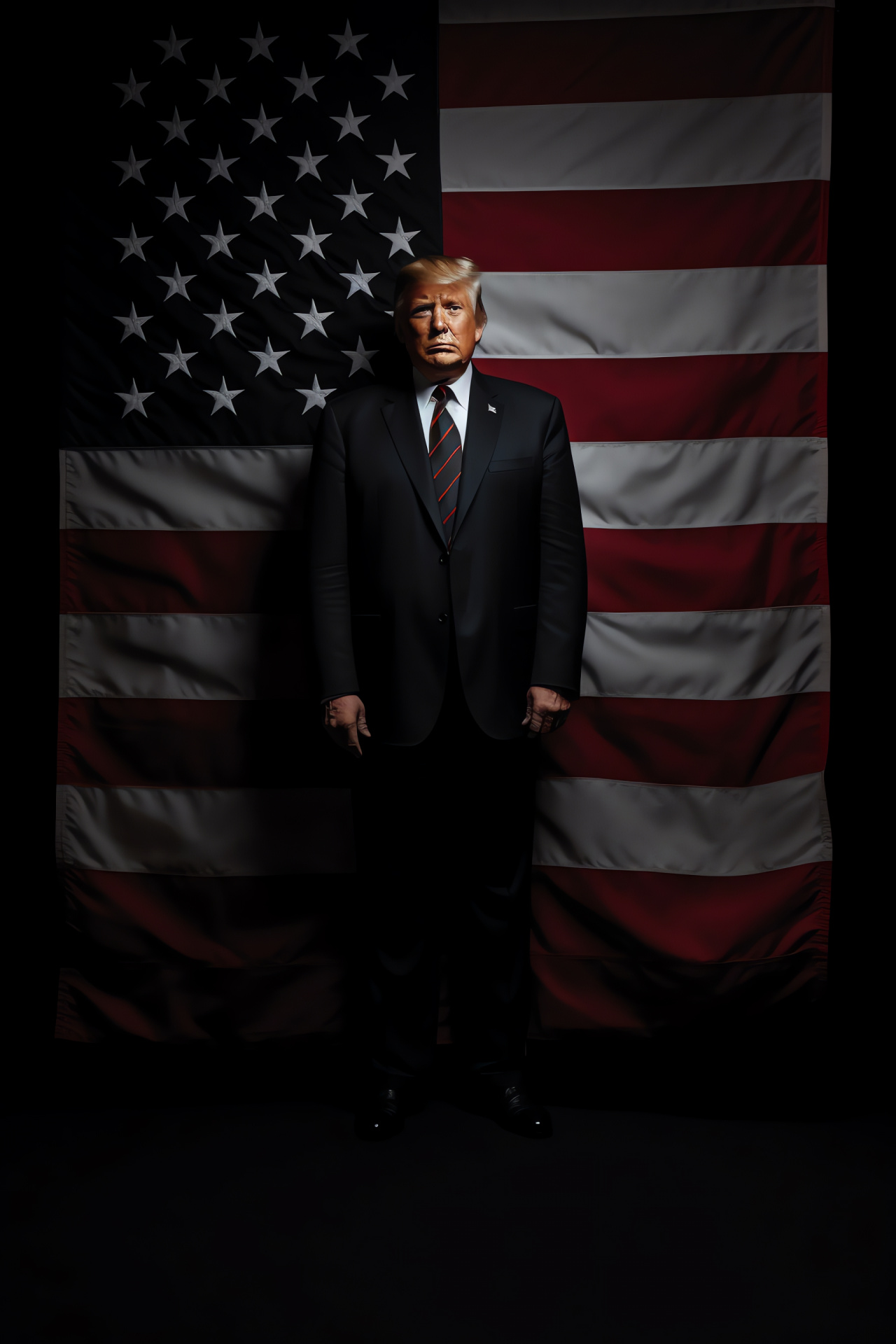 Trump as iconic figure, self-assured posture, distinctive piercing blue eyes, symbolic American flag backdrop, HD Phone Image