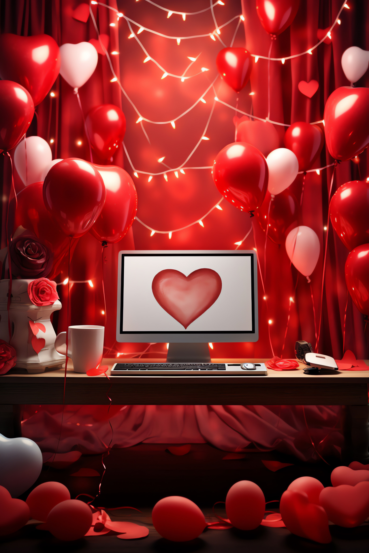 Romantic tech setup, affectionate decor, lobster-red inflatables, fragrant flora, festive arrangement, HD Phone Wallpaper