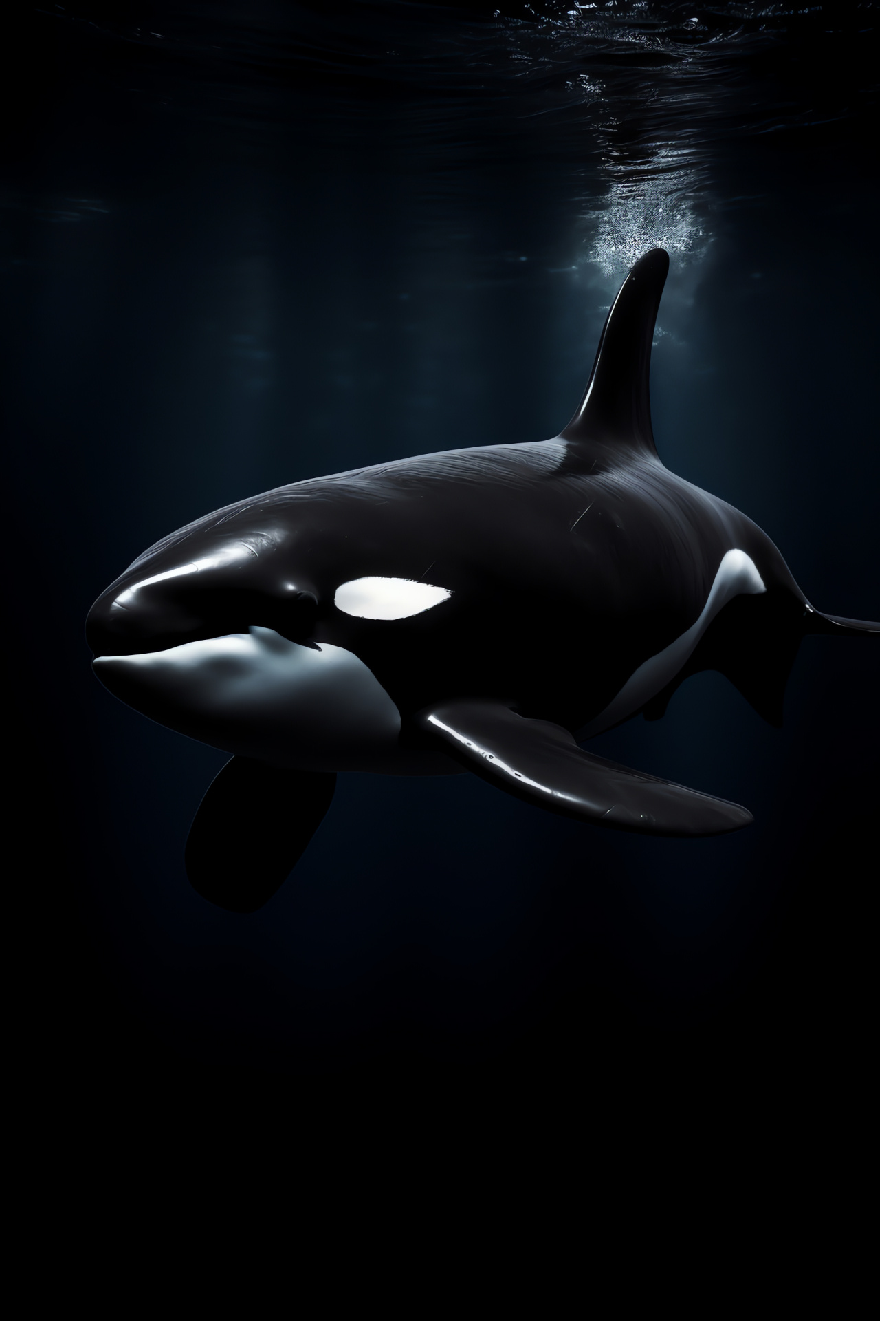 Lone Orca silhouette, Underwater grace, Powerful marine life, Ocean calm, Predatory beauty, HD Phone Image