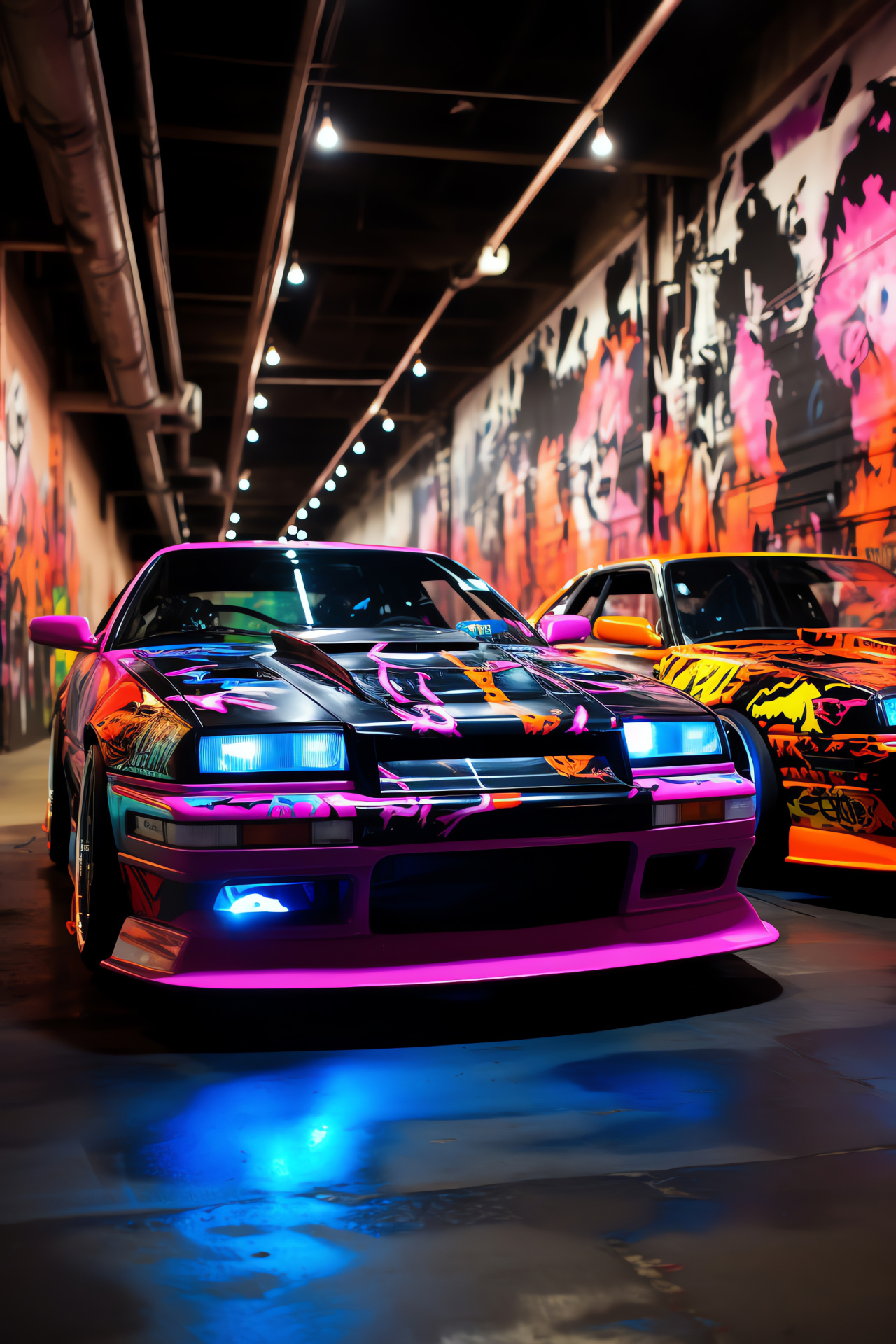 Urban neon vehicles, underground racing scene, custom auto modifications, luminous ambience, subterranean excitement, HD Phone Wallpaper
