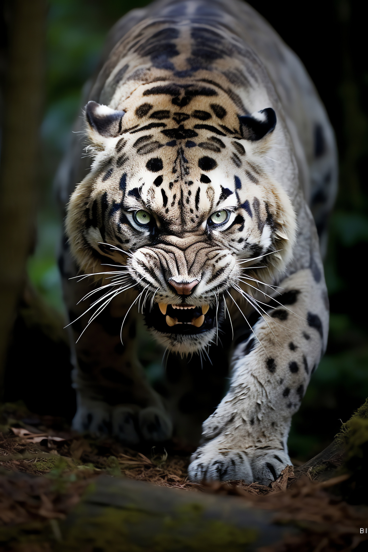 Saber Tooth Tiger, serrated fangs, silver gaze, ash gray stripes, dark brown camouflage, HD Phone Image