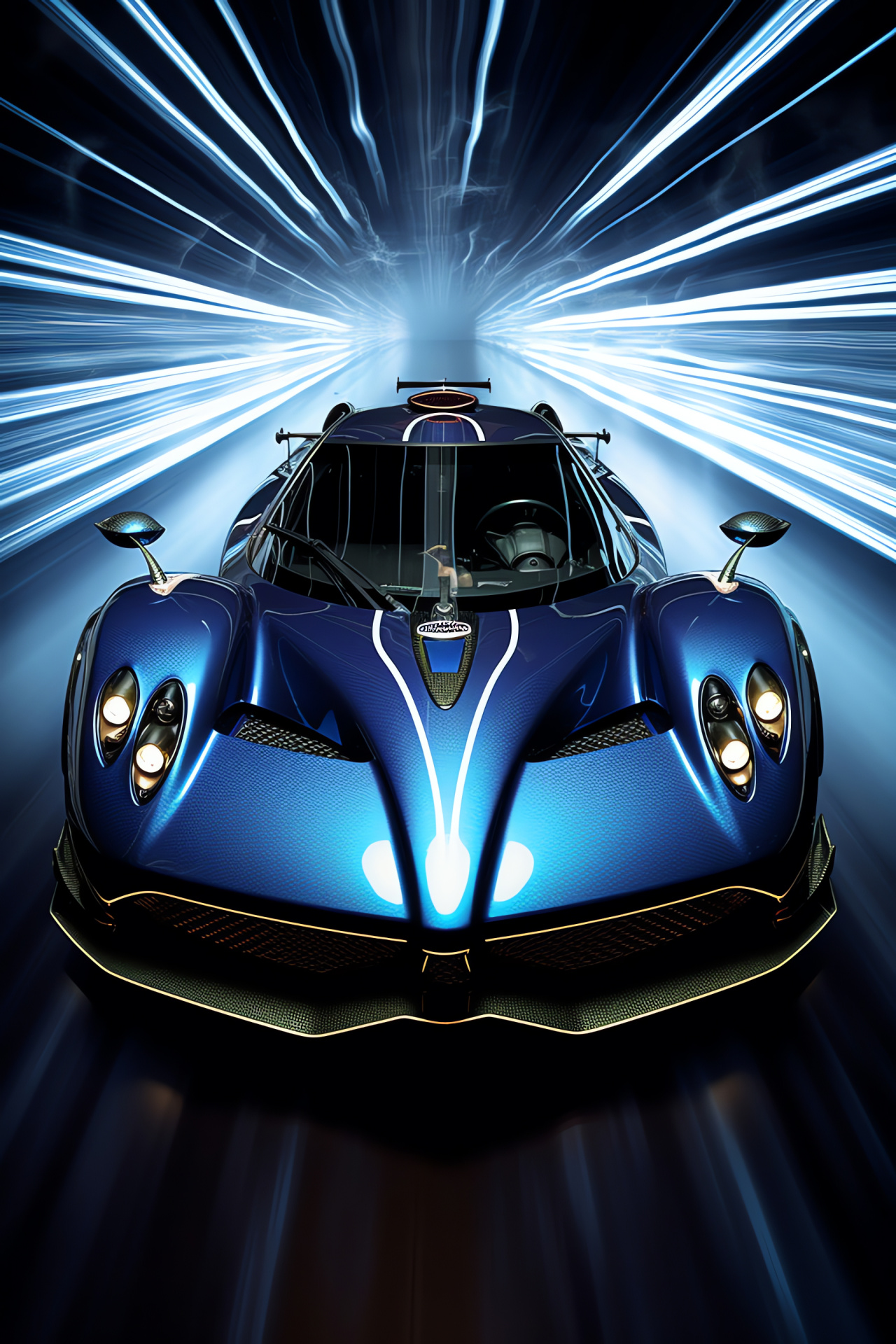 Pagani Zonda F, elevated perspective, luminescent patterns, cerulean polish, monochromatic frames, HD Phone Image