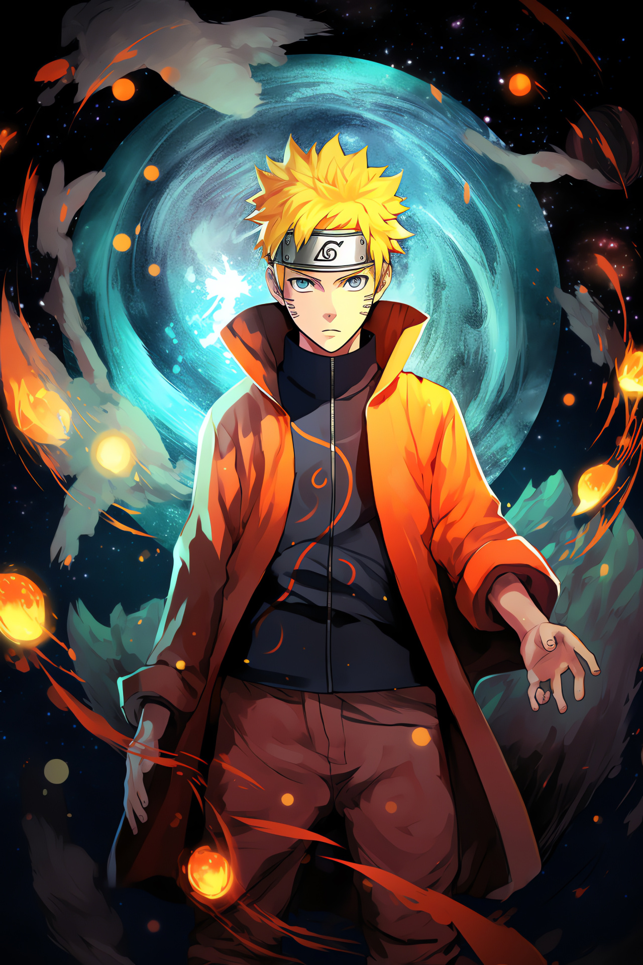 Naruto Rasengan attack, Spirited blue orbs, Blonde shinobi, Intense battle form, Dynamic hues, HD Phone Image