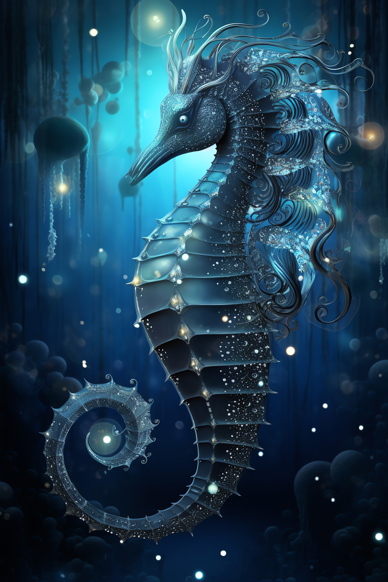 Silver-eyed Seahorse, marine environment, shimmer effect, aquatic constellations, serene night waters, HD Phone Wallpaper