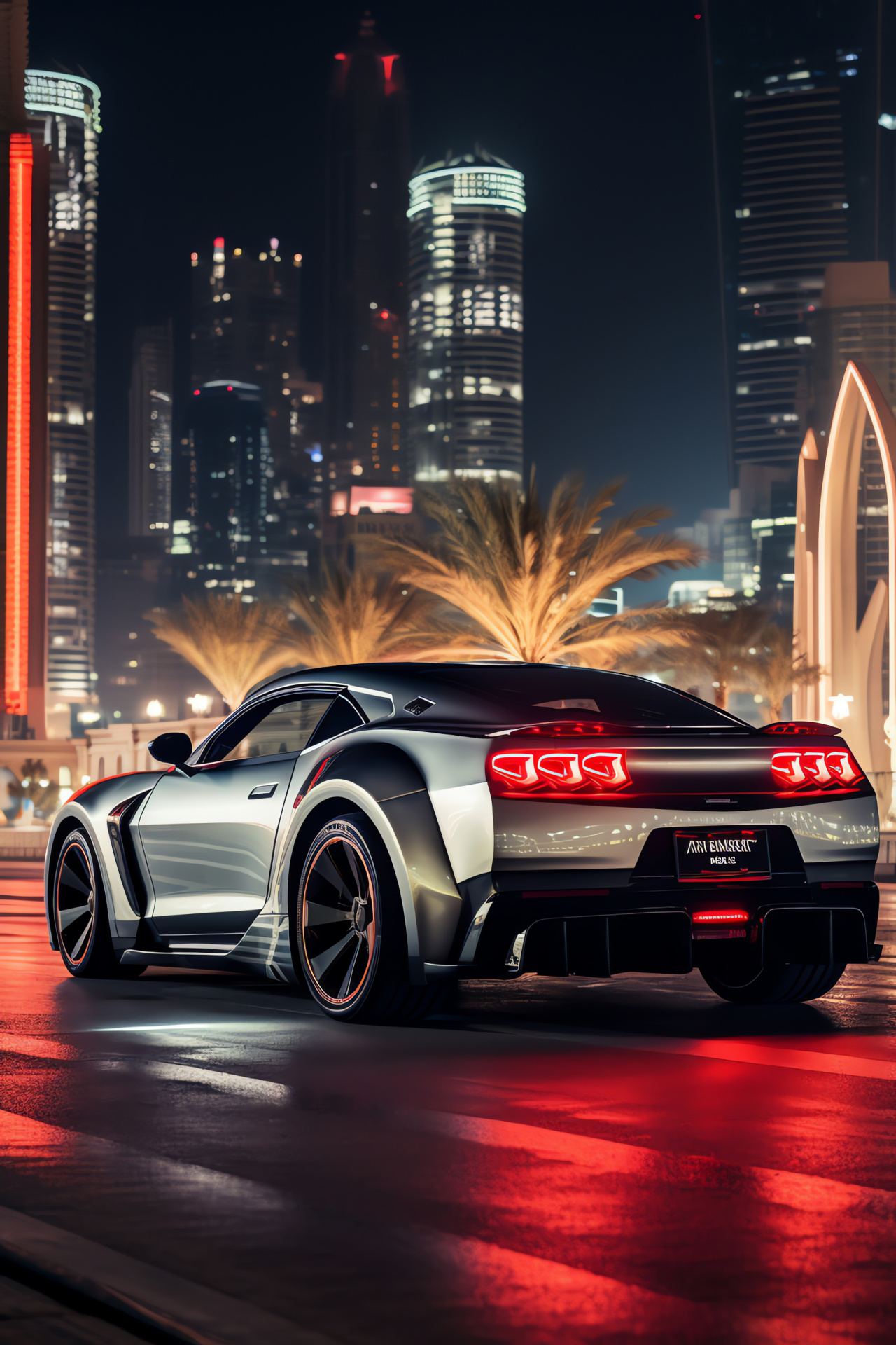 Trans Am Dubai series, Luxurious Dubai backdrop, Nighttime city landscape, Shimmering silver paint, Exclusive graphics, HD Phone Image