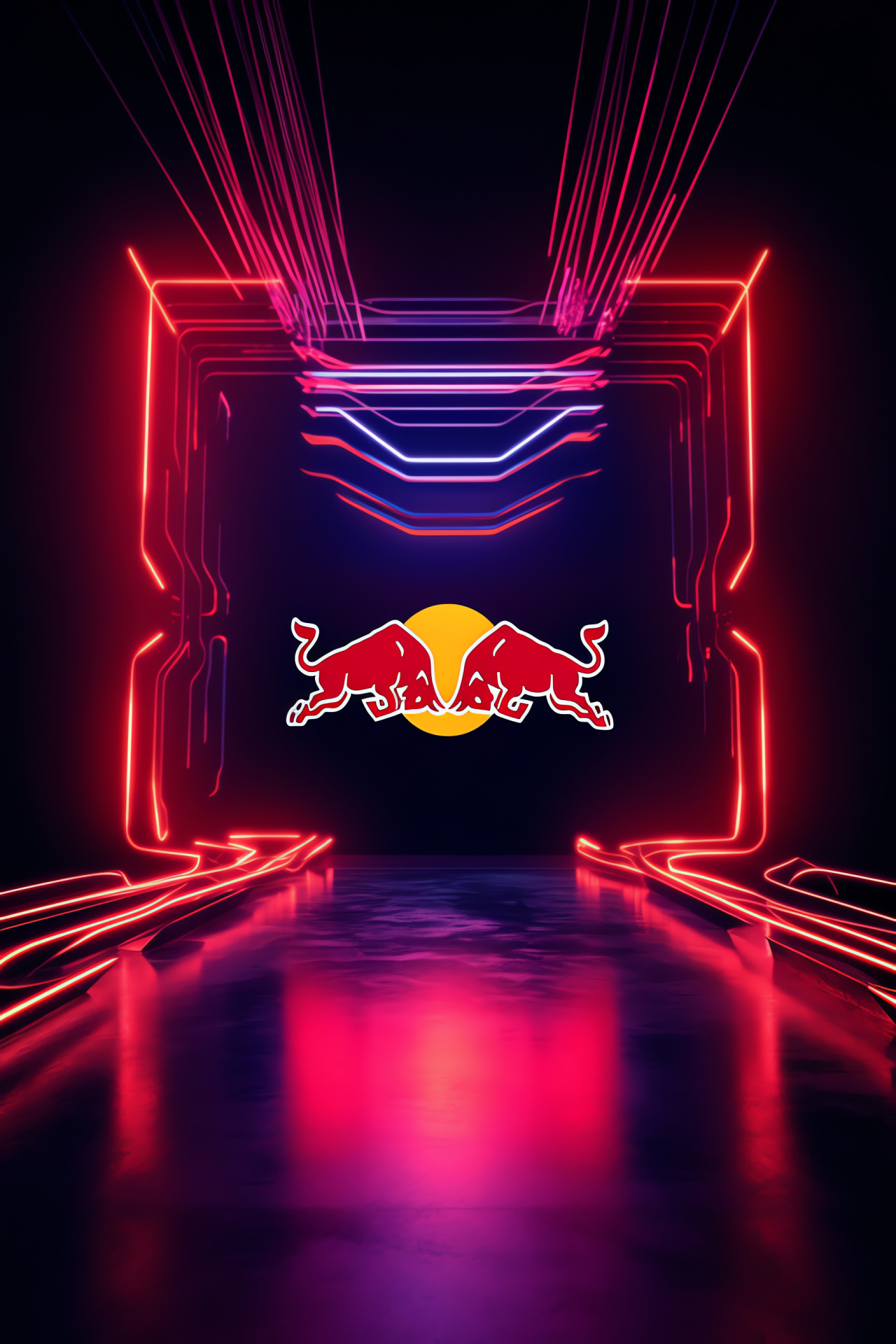 Energetic Red Bull identity, Charging bull momentum, Distinct neon lighting, Electrifying brand design, Contoured visual, HD Phone Wallpaper