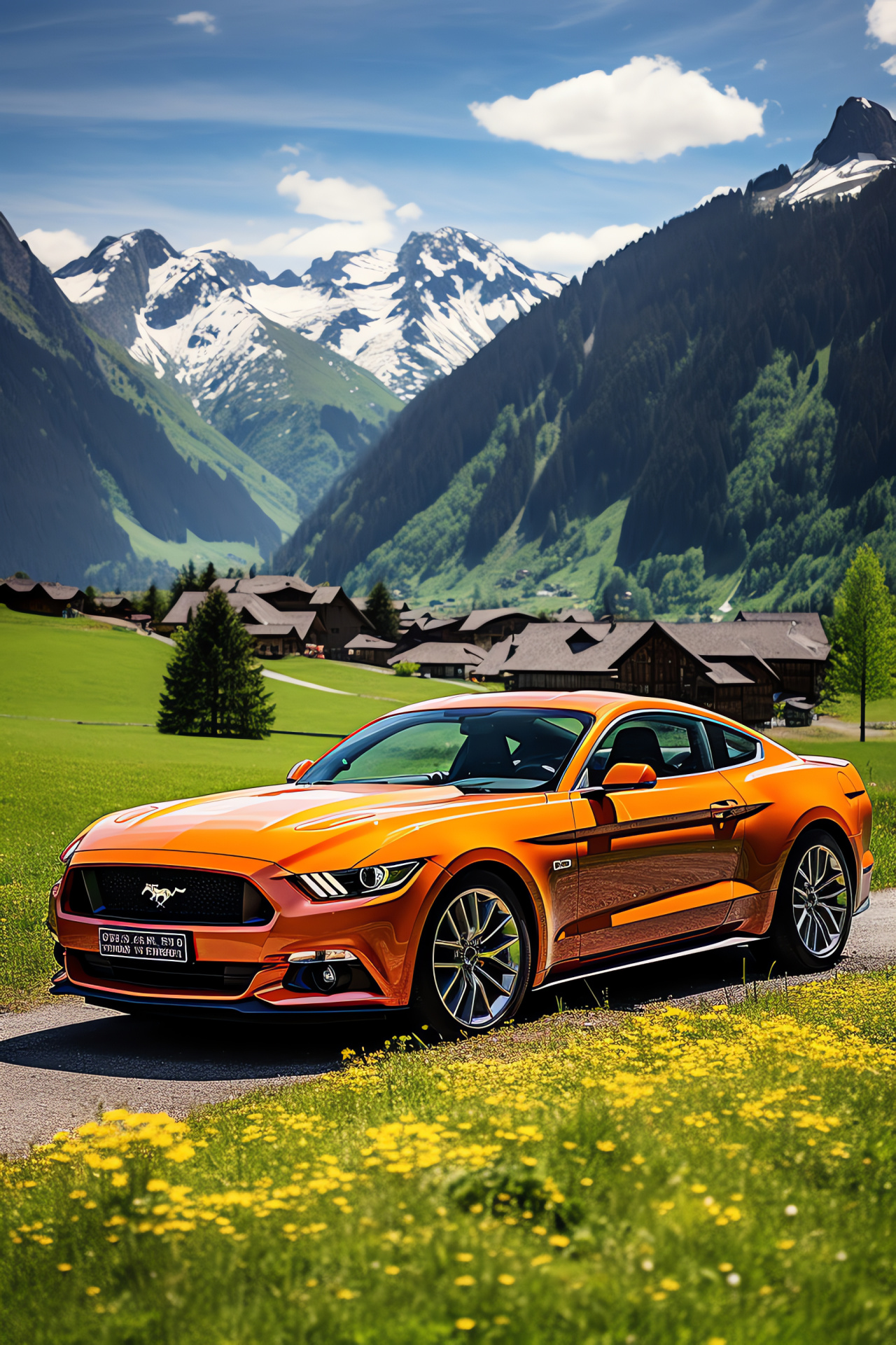 Ford Mustang, Swiss sceneries, Alpine roadways, Picturesque valleys, Traditional Swiss homes, HD Phone Wallpaper