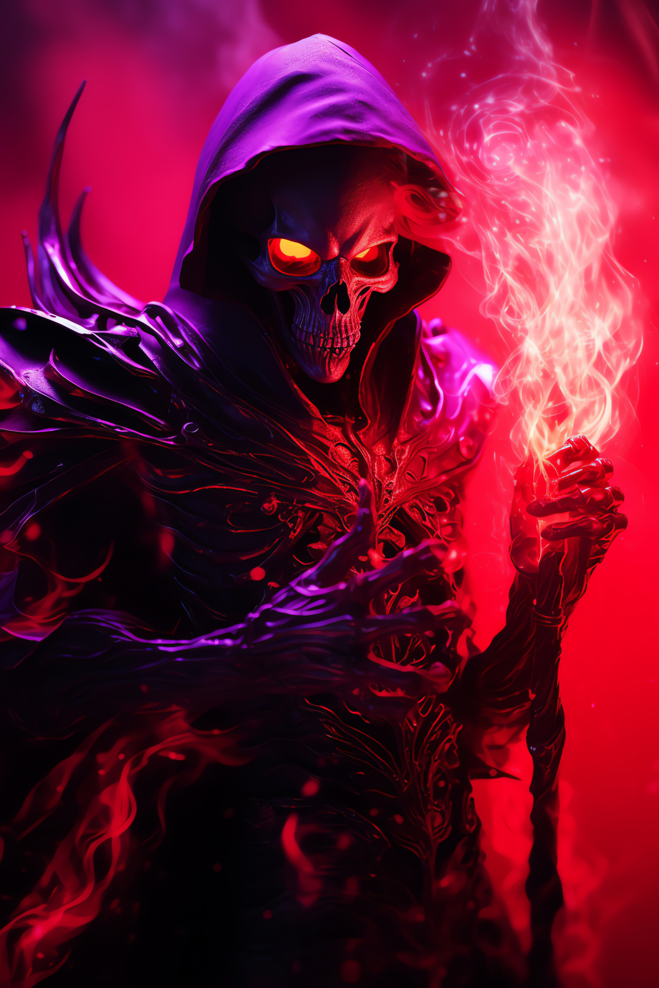 Undead Warlock Azazel, Mystical mage, Amethyst visual effect, Fiery cranium, Crimson hue, HD Phone Wallpaper