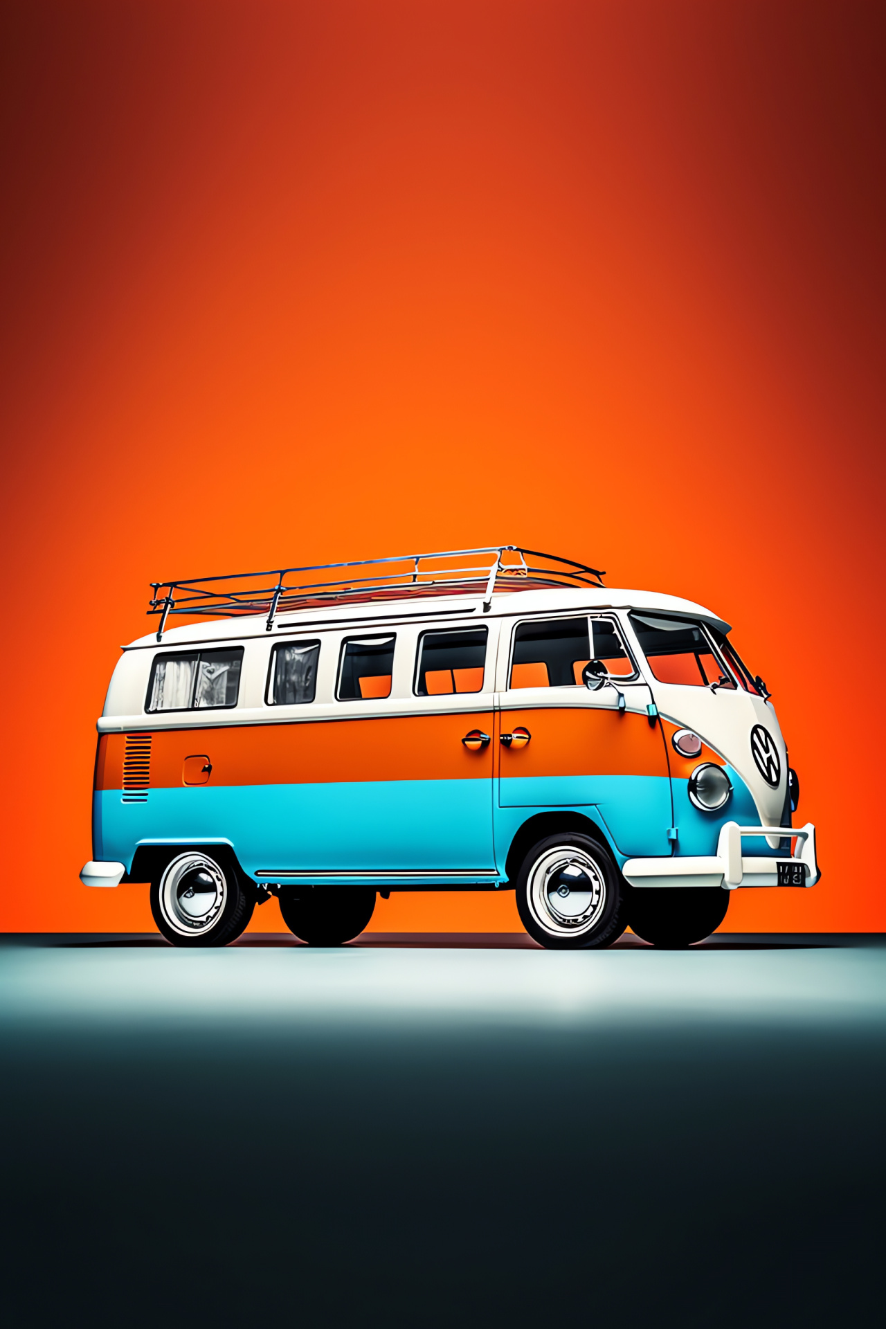 VW T2 Microbus side profile, Iconic 70s design, Bright twofold color scheme, Triple-tone setting, Retro collector's item, HD Phone Wallpaper
