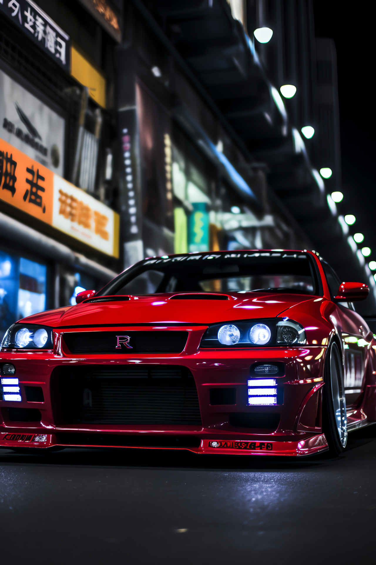Nissan Skyline GTR Tokyo R32, Carmine bodywork, Wide-body enhancements, Custom spoilers, Street-ready aggression, HD Phone Wallpaper