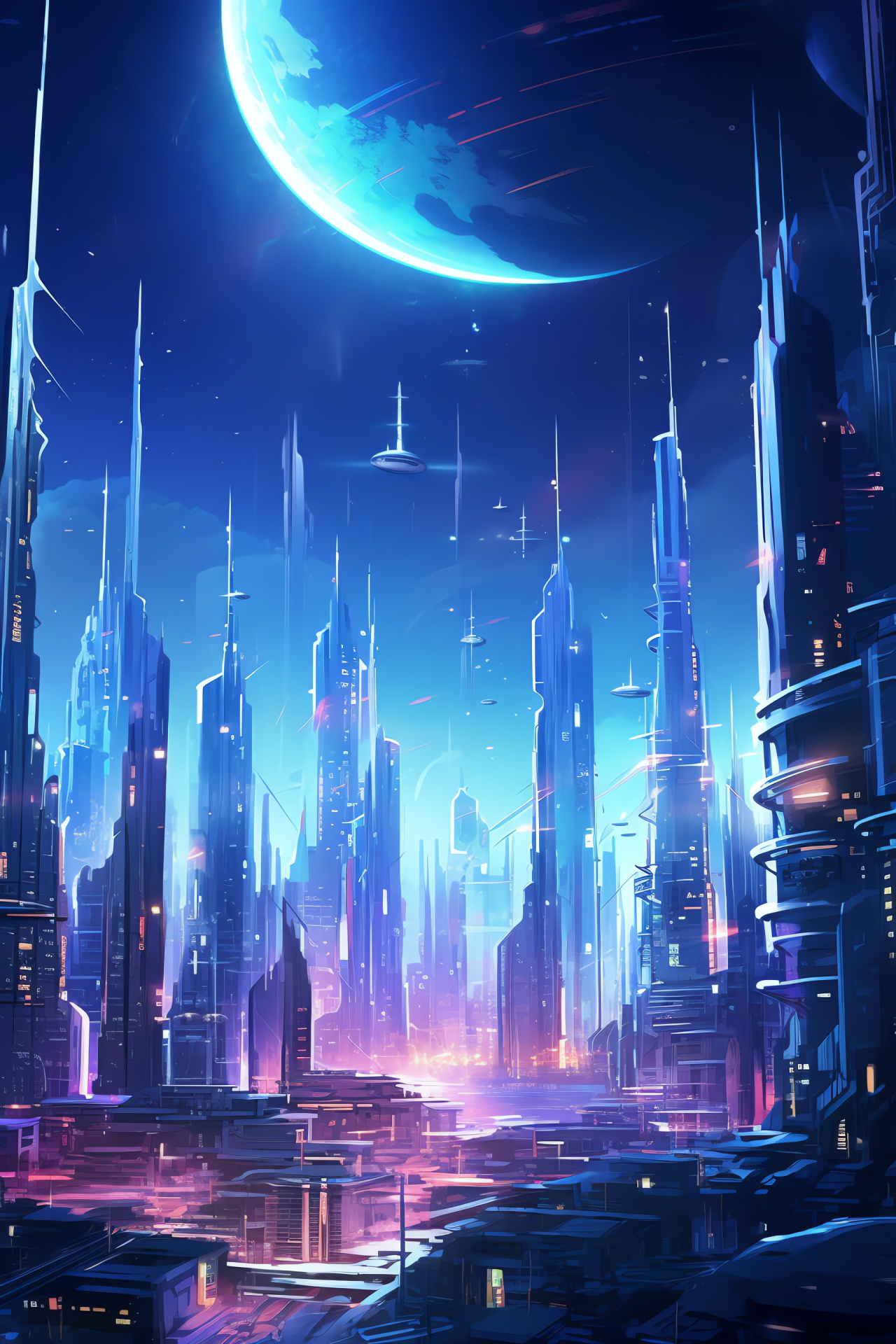 Visual art genre, Cosmic metropolis, Cyberpunk aesthetic, Illuminated skyline, High-tech architecture, HD Phone Wallpaper