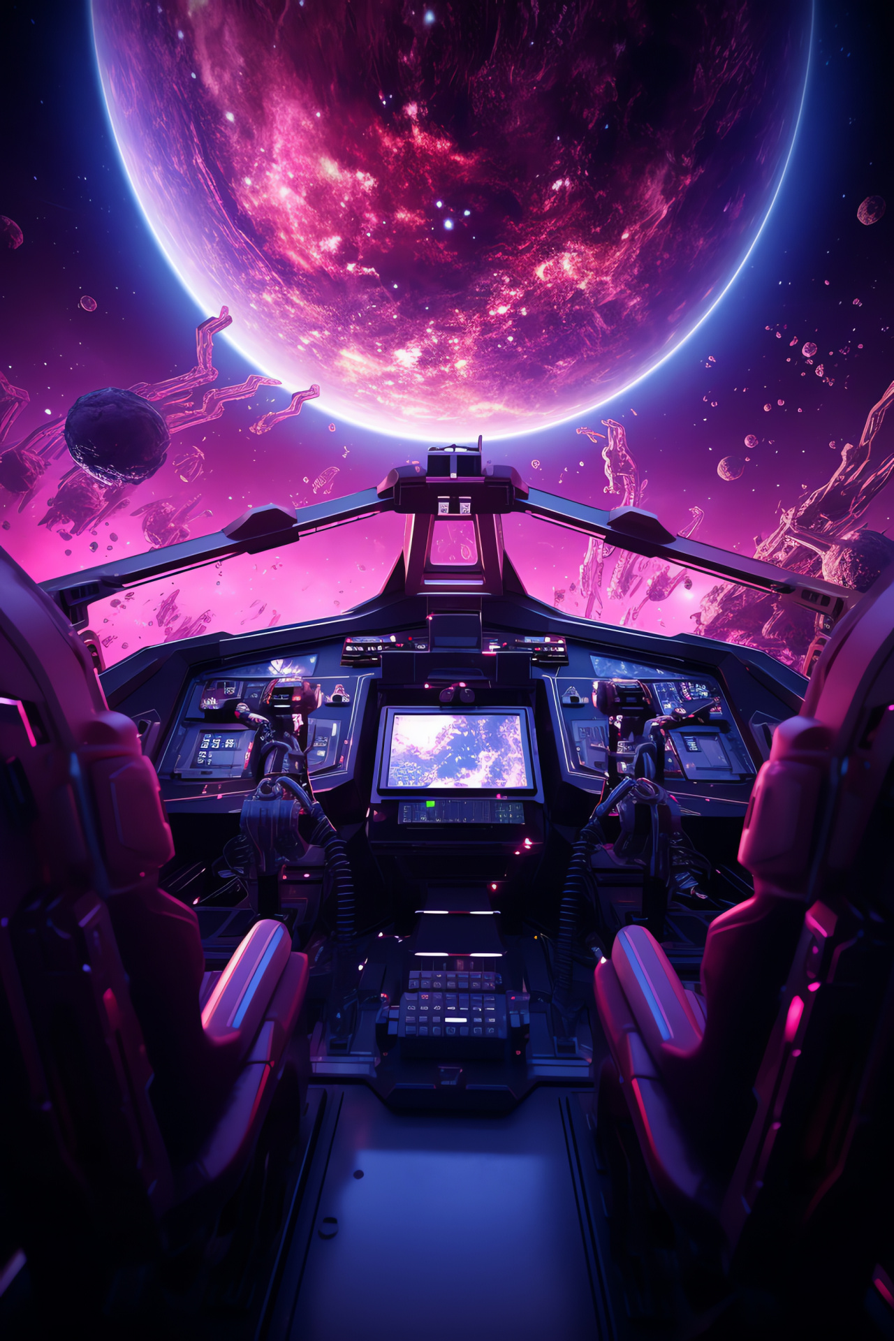 Pilot view, Control hub, Galactic panorama, Outer space hues, Starlit voyage, HD Phone Wallpaper