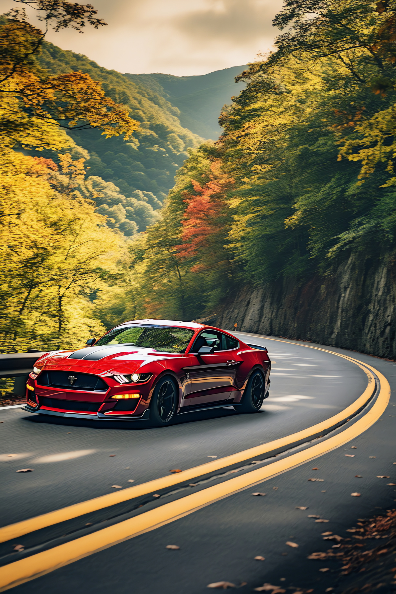 Ford Mustang Shelby, Mountainous backdrop, Asphalt adventures, American muscle, V8 powerhouse, HD Phone Image