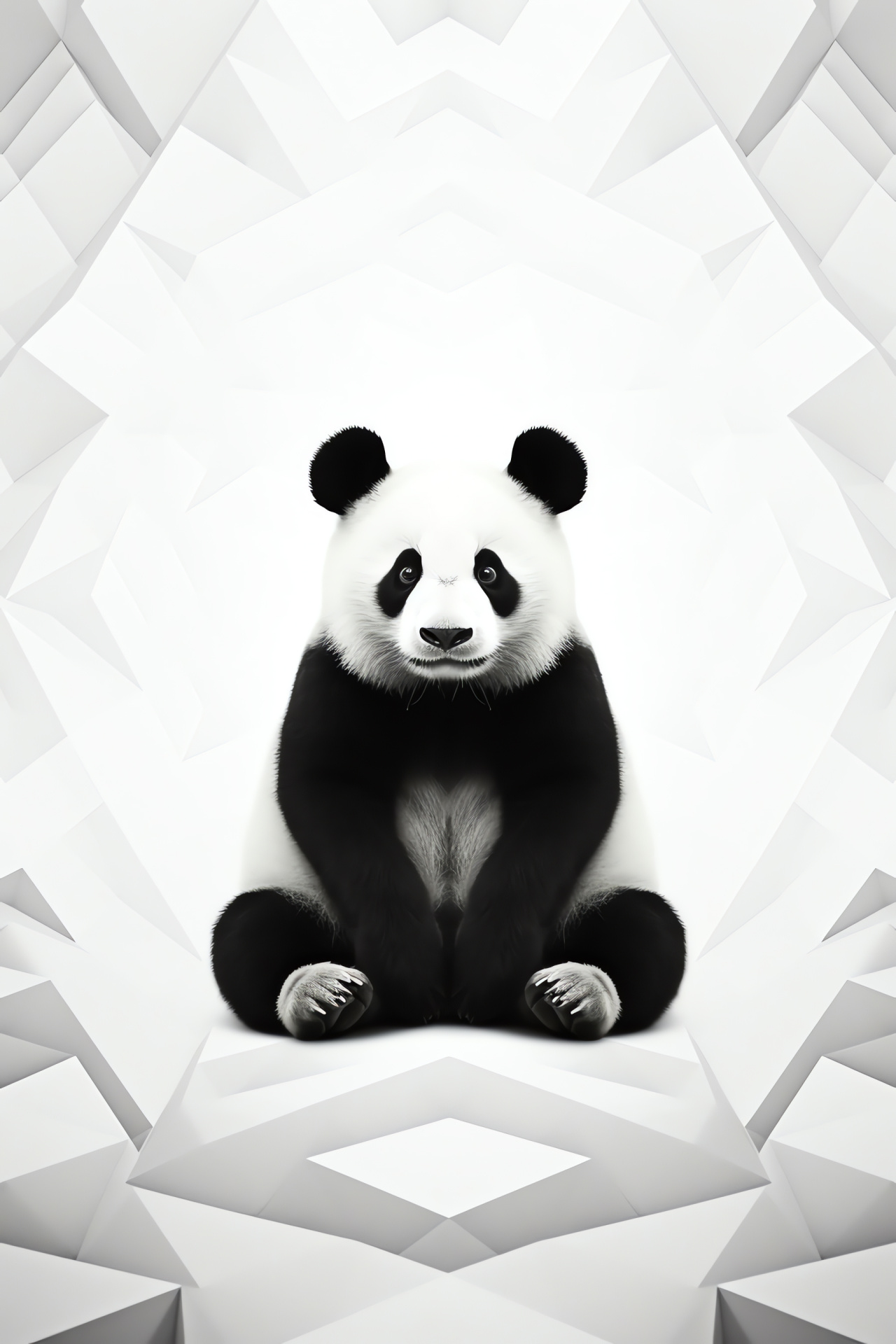 Panda serene posture, Bear monochrome fur, Creature comfort, Patterns abstract, Backdrop geometry, HD Phone Image