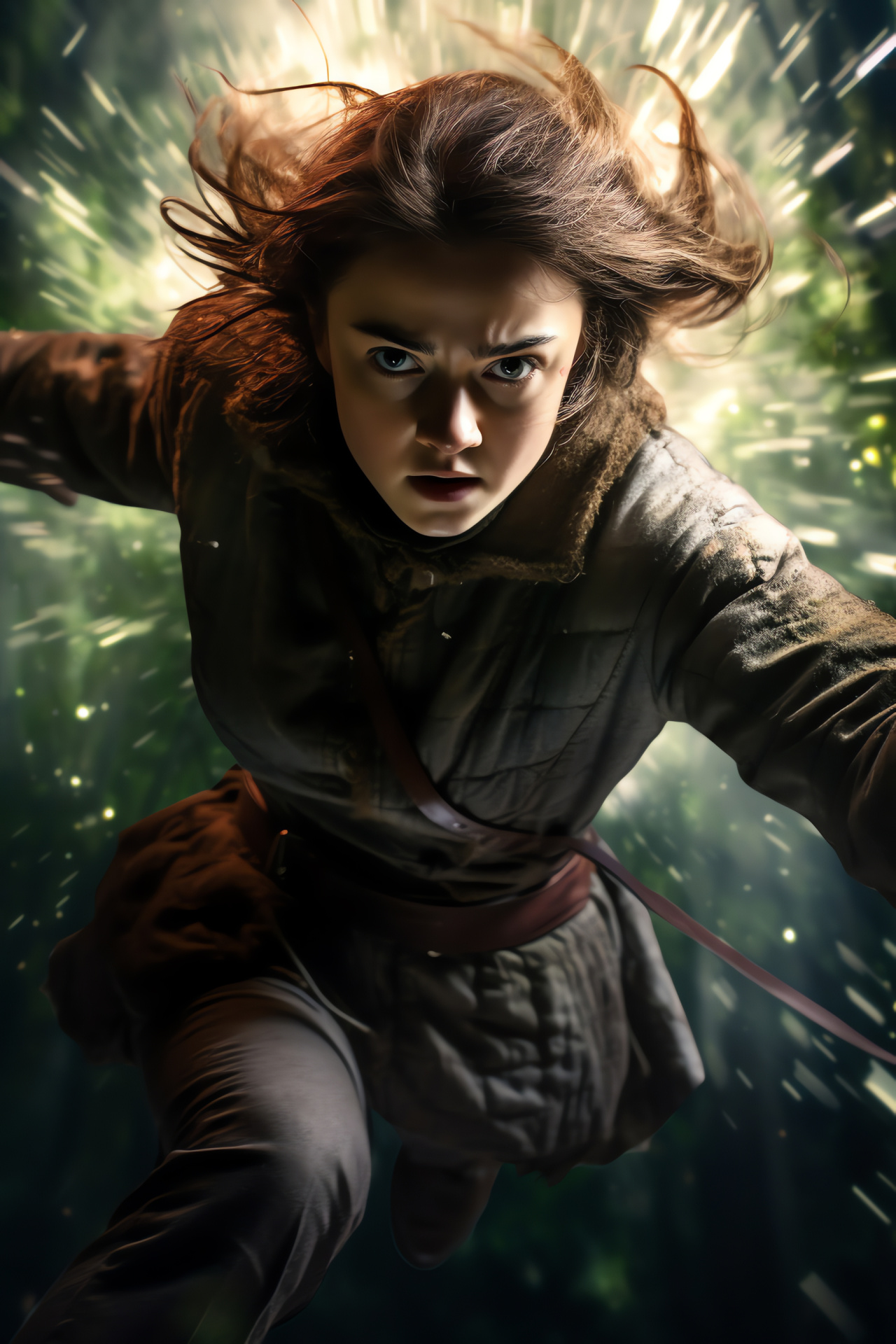 Arya Stark agility, Maisie Williams as Arya, dynamic action pose, Needle sword in motion, water dancer, HD Phone Wallpaper