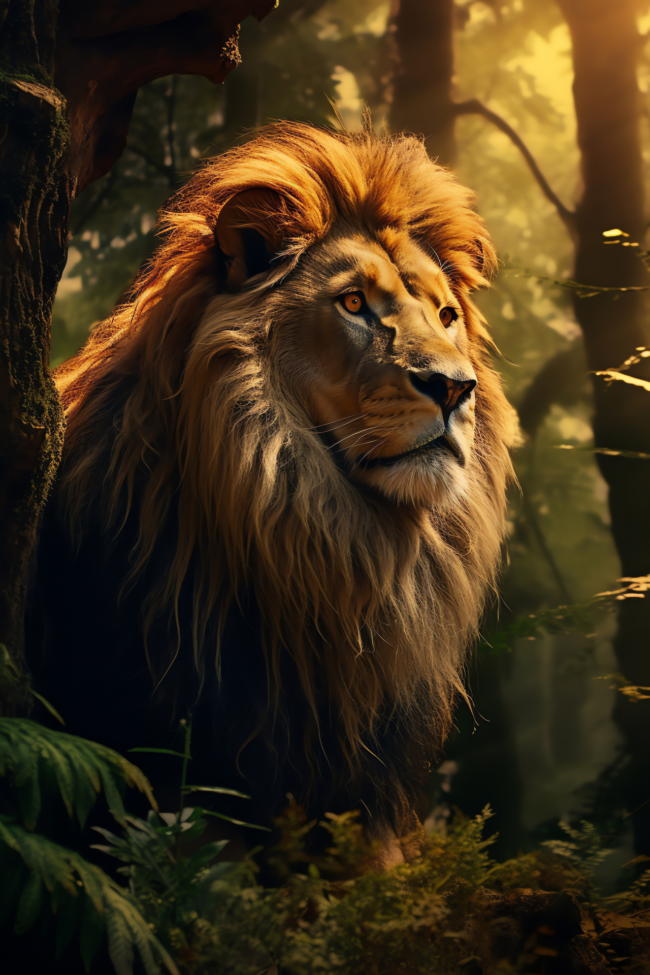 Narnian lion, Evening woods, Fantastical setting, Lunar illumination, Fabled narrative, HD Phone Image