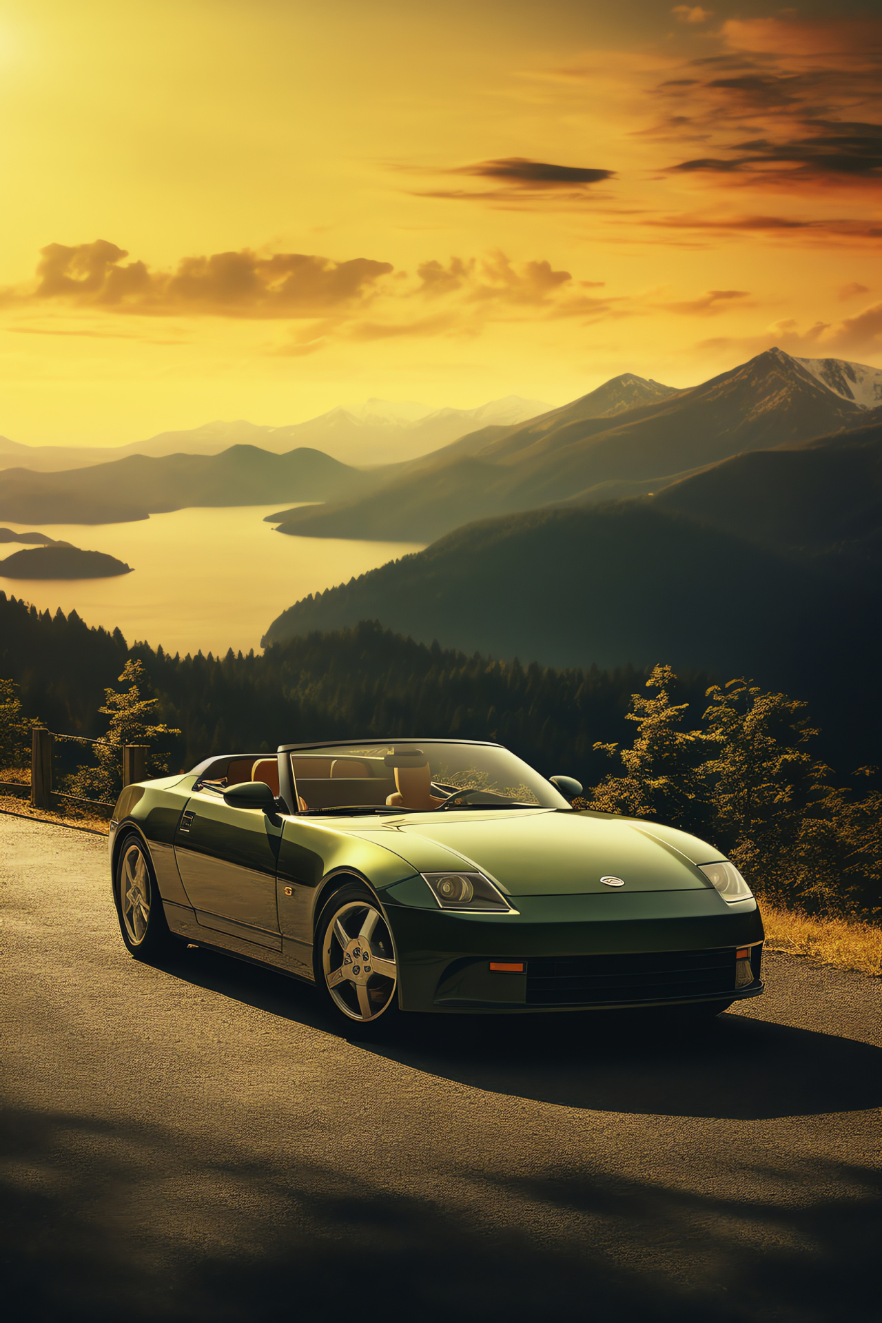 Nissan 300ZX convertible, scenic drives, alpine landscapes, open-top roadster, automotive photography, HD Phone Wallpaper