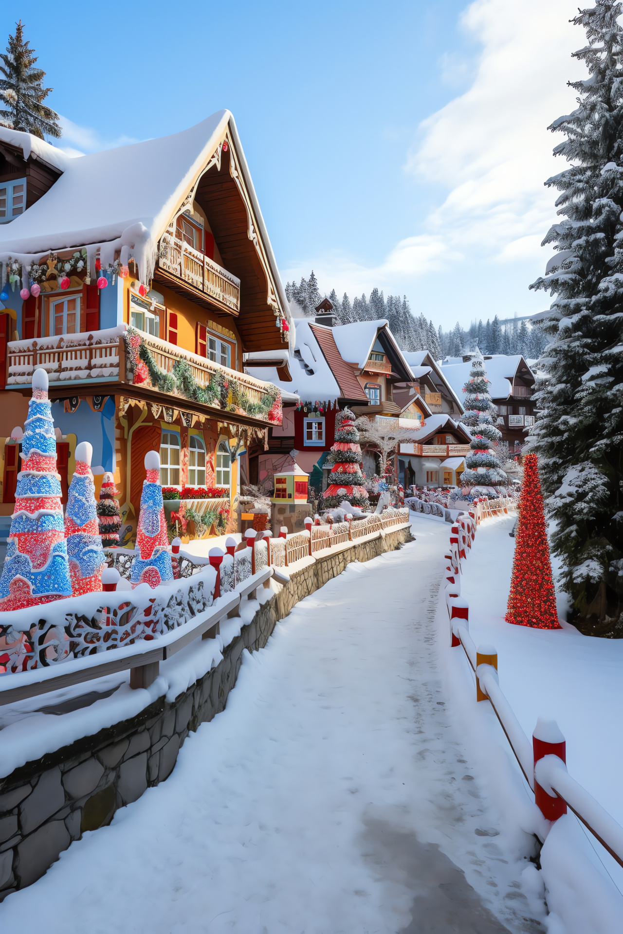 Alpine Christmas event, picturesque mountain festivities, intricate frost sculptures, reindeer-drawn procession, HD Phone Wallpaper