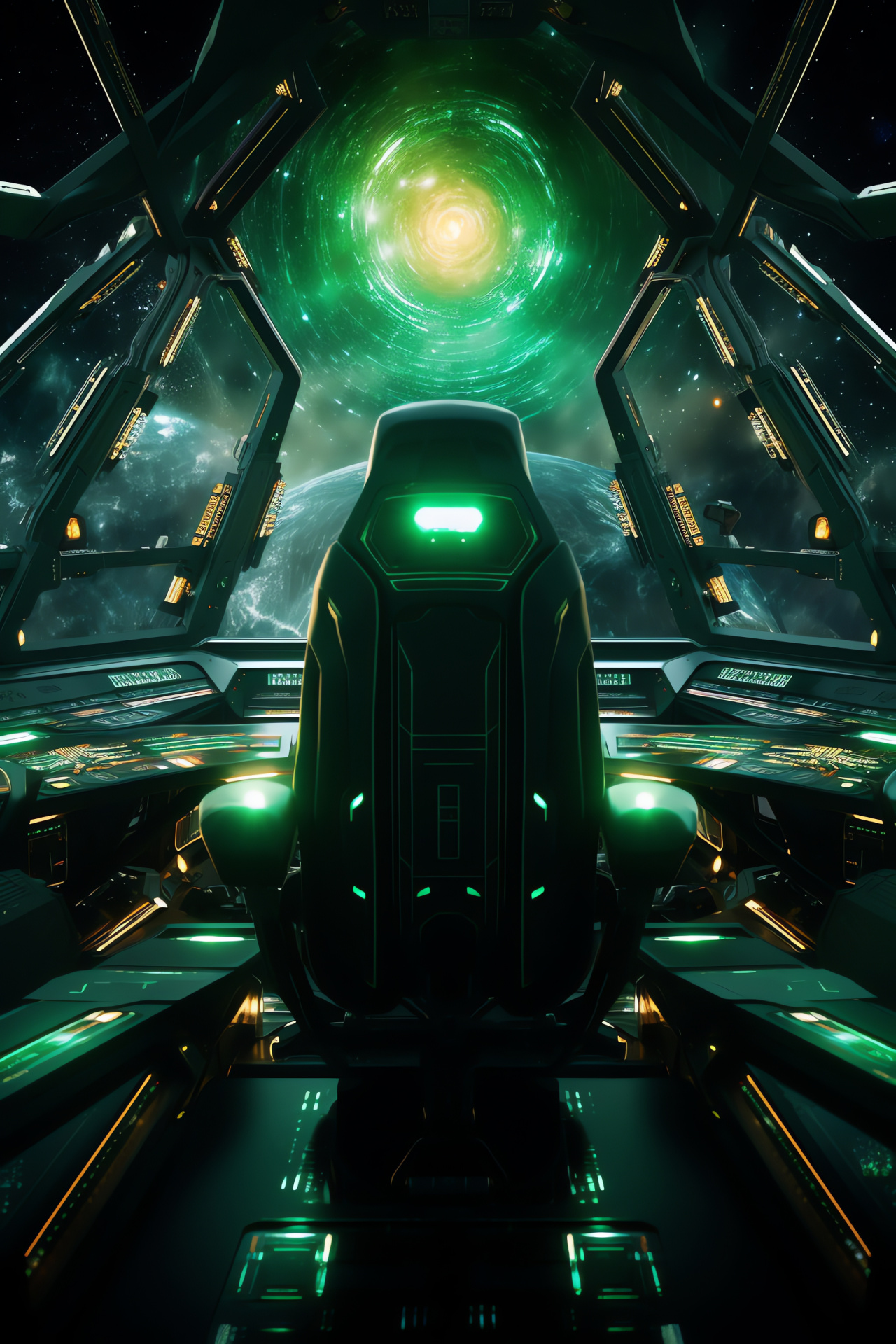 Cockpit luminescence, Navigational array, Emerald ambiance, Opulent controls, Celestial journey, HD Phone Wallpaper