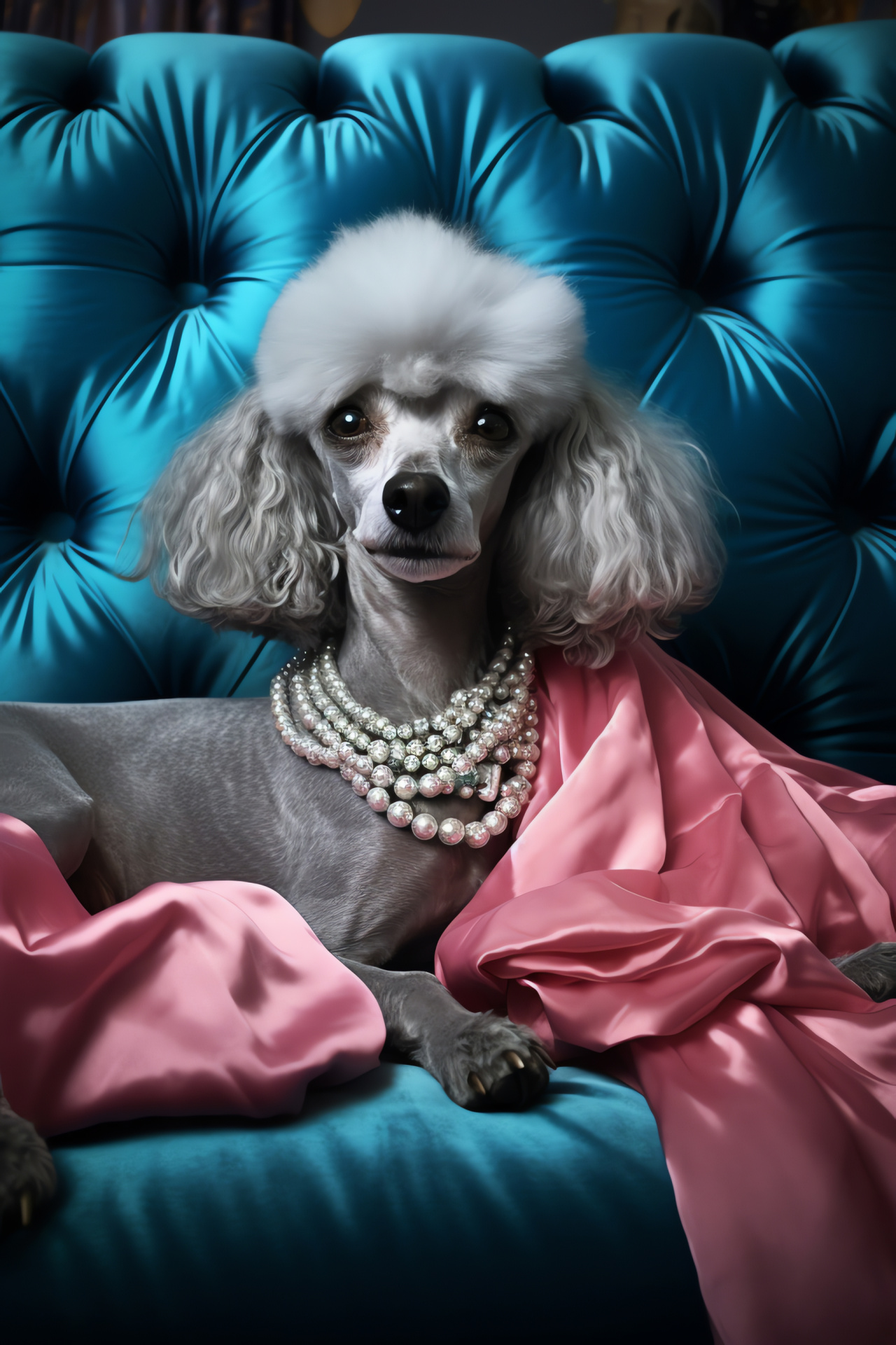 Silver-coated Poodle, Poodle's regal posture, Designer plush furniture, Velvet texture surface, Modern canine grooming, HD Phone Image