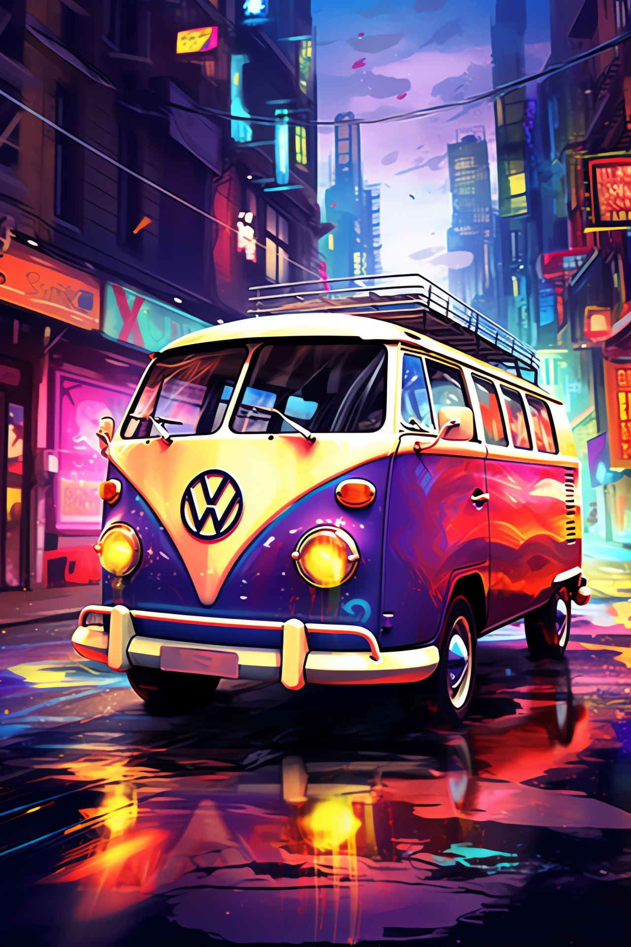 VW Bus T2, Bay Window model, retro cyberpunk aesthetics, urban skylin, neon-lit, HD Phone Image
