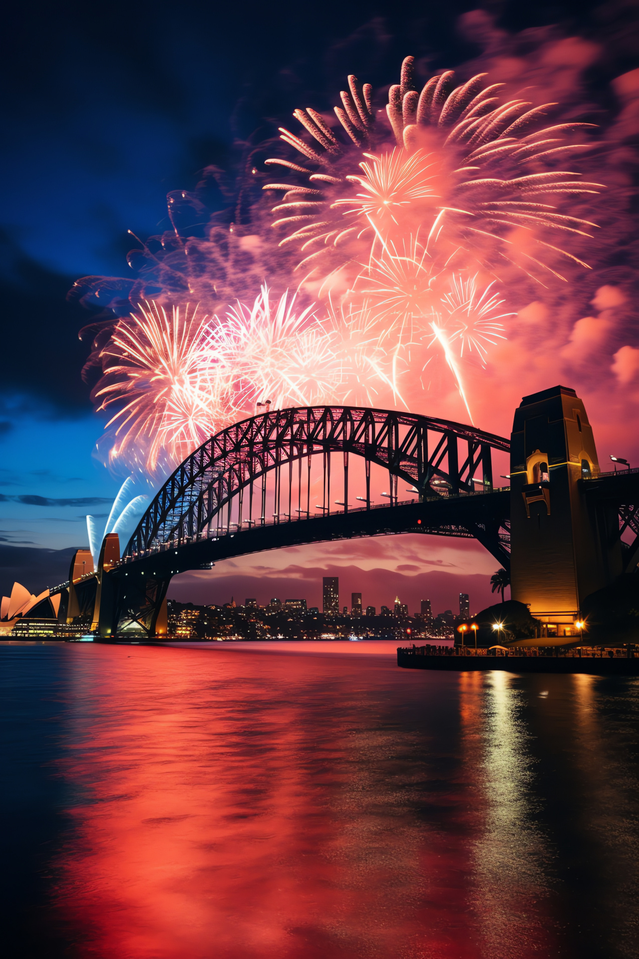 Sydney New Year's Eve, Iconic Harbour Bridge, Australian jubilee, Nighttime pyrotechnics, Festive harbor scene, HD Phone Image