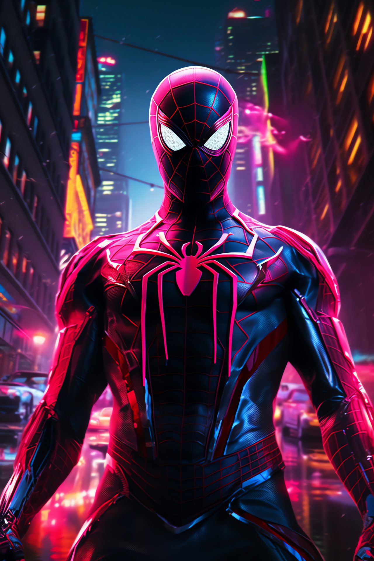 Spiderman movie, superhero action, Tom Holland as Spiderman, futuristic urban skyline, neon lights, HD Phone Image