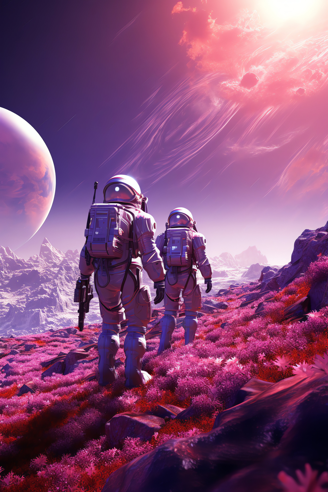 Universe expanses, Space exploration, Exoplanet discovery, Astronauts in spacesuits, Purple nebula, HD Phone Wallpaper