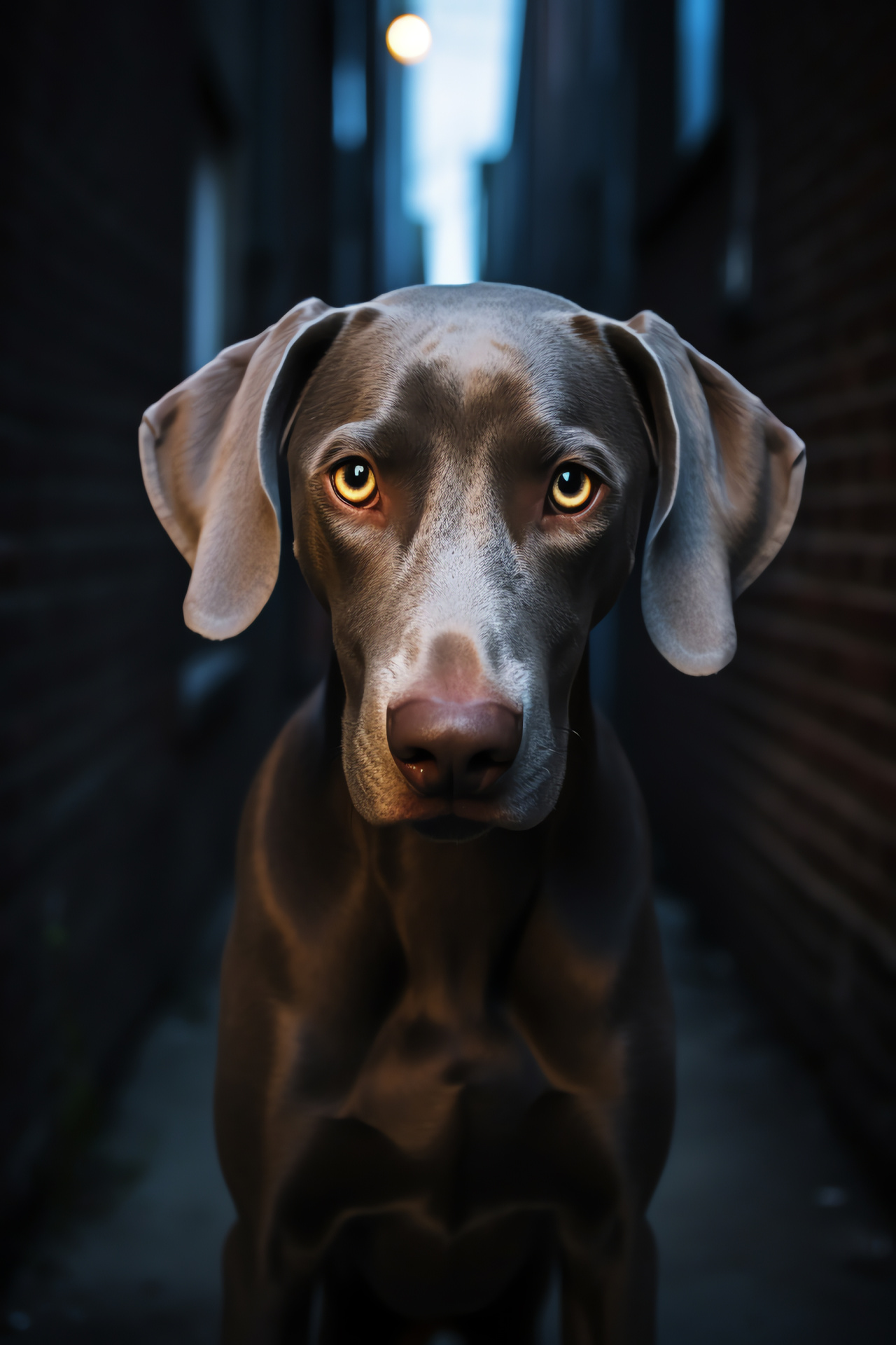 Weimaraner stance, short-haired silver breed, gleaming amber eyes, midnight blue ambiance, regal dog posture, HD Phone Image