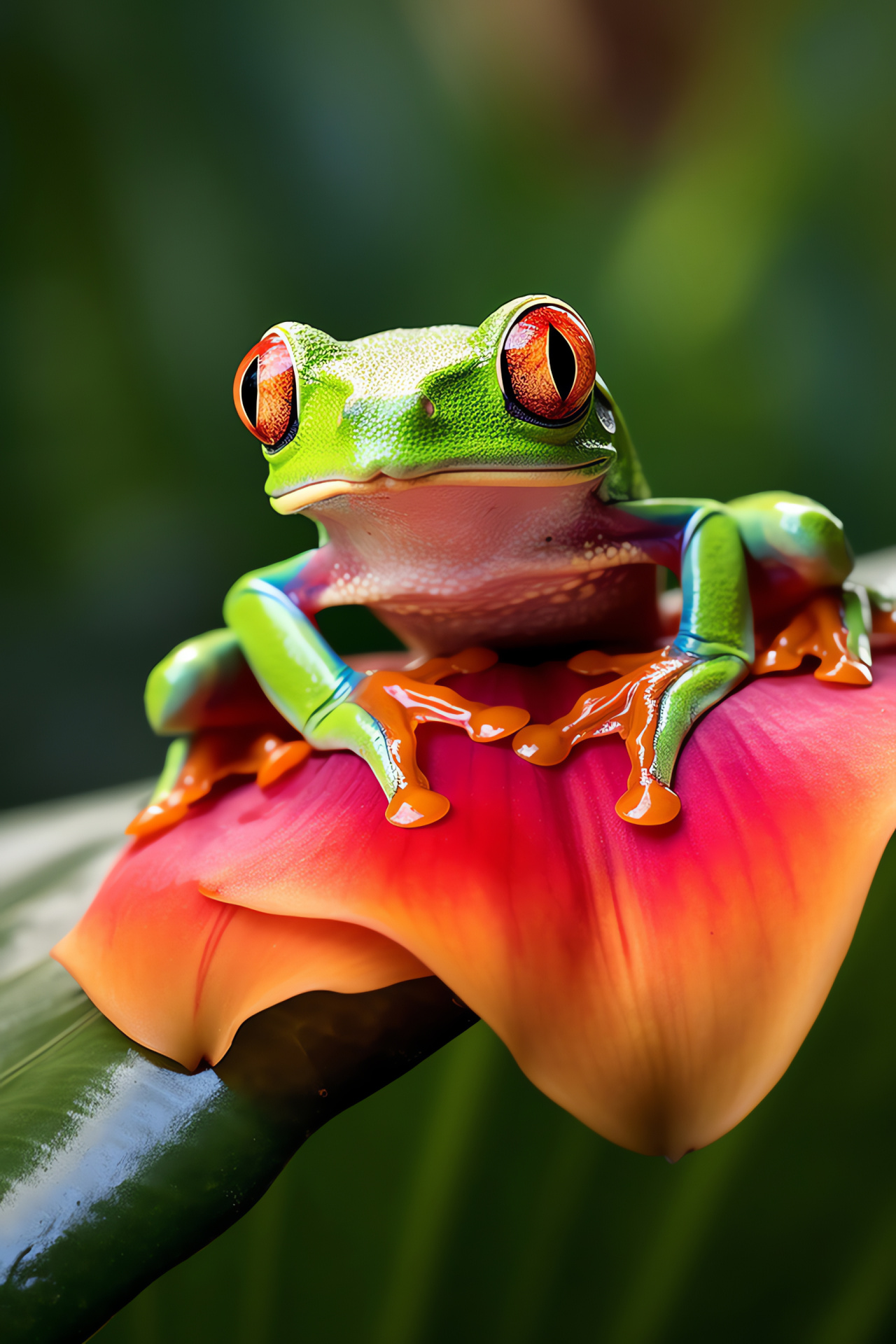 Curious Tree Frog, Red-green amphibian, Hibiscus interaction, Tropical habitat, Colorful animal portrait, HD Phone Image