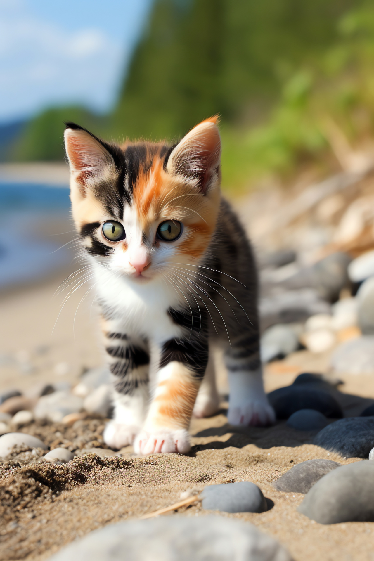 Calico cat, Feline green eyes, Patchwork kitten fur, Coastal paw impressions, Sandy beach, HD Phone Image