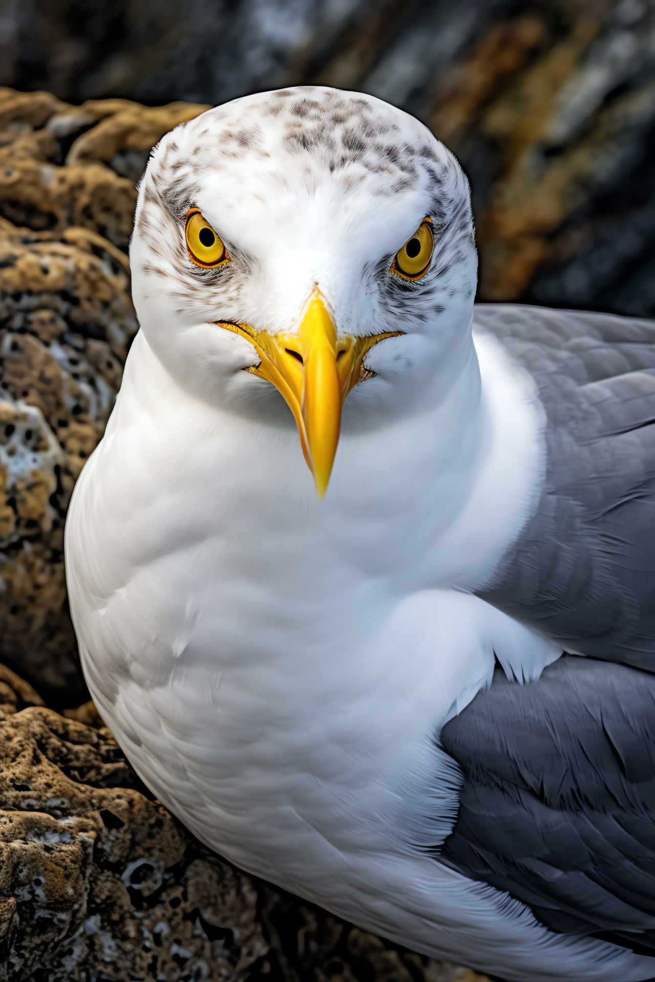 Seagull, Sharp beak, Cliffside roost, Oceanic panorama, Mottled plumage, HD Phone Wallpaper